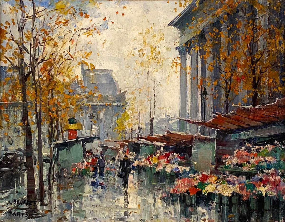 Jean Salabet
French, 1913-1995
Marche de Fleurs, La Madeleine Paris

Jean Salabet was a School of Paris painter know for his colorful Parisian cityscapes. 
His work is comparable to those of Jules Herve, Antoine Blanchard and Edouard