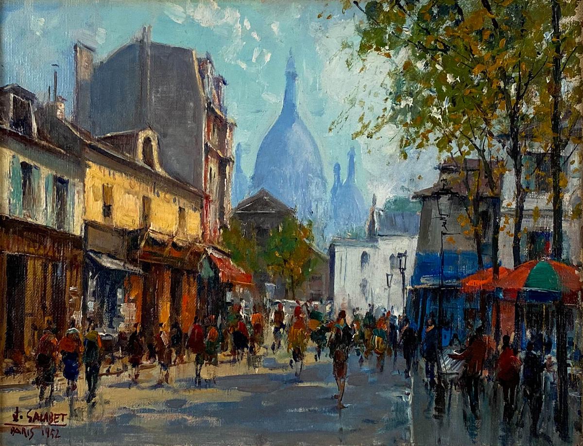 Jean Salabet
French, 20th Century
Montmartre 

Oil on canvas 
10 ¾ by 13 ¾ in.   W/frame 18 by 20 in. 
Signed lower left & dated 1952

Jean Salabet was a School of Paris painter know for his colorful Parisian cityscapes. 
His work is comparable to