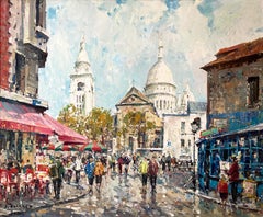 Peinture à l'huile sur toile "Montmartre", scène impressionniste de Paris avec personnages et cafés
