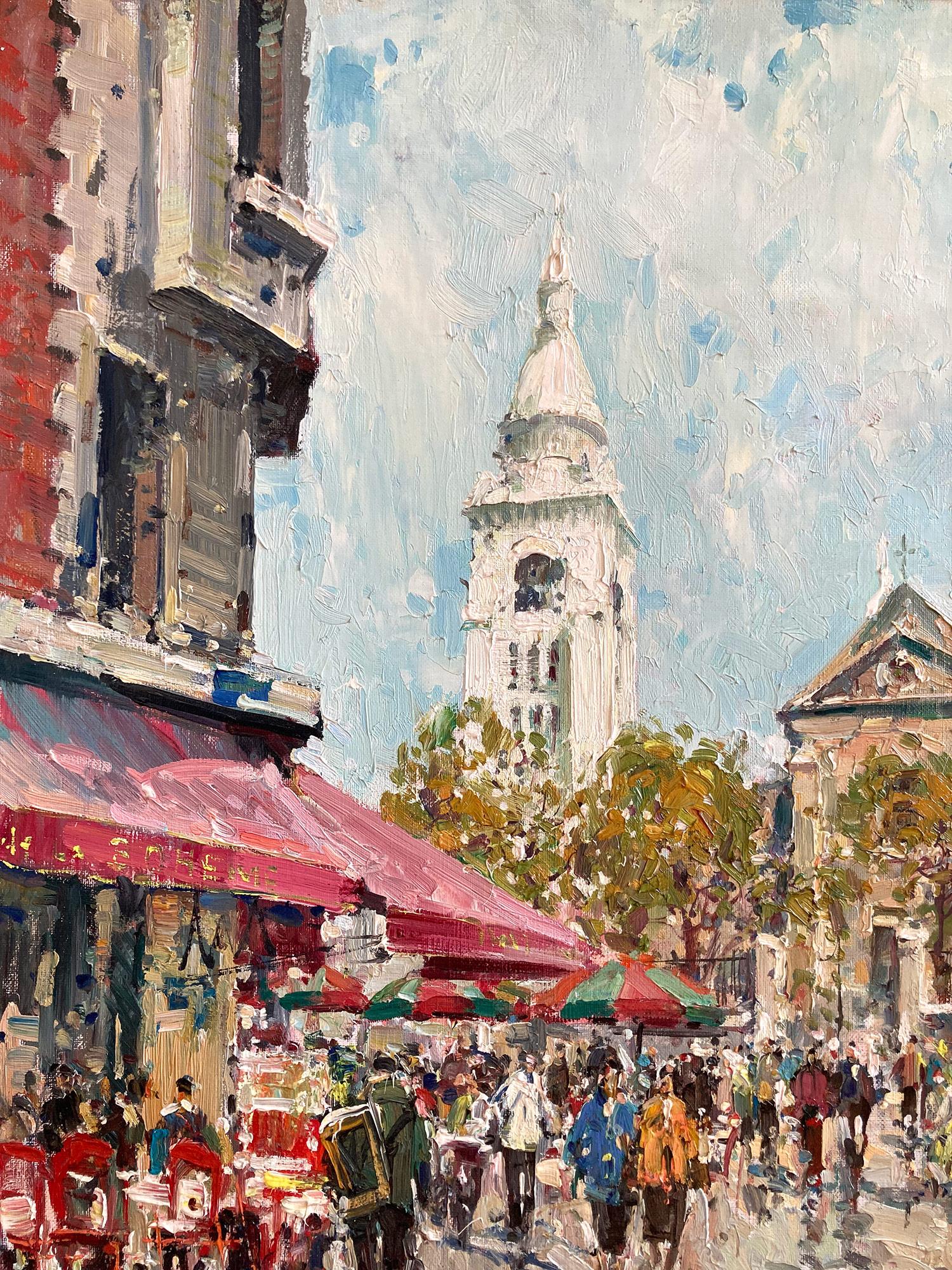A beautiful oil on canvas painting by the French artist, Jean Salabet. Salabet was a Parisian painter known for his colorful cityscapes depicting the times of his generation. His work is comparable to those of Jules Herve, Antoine Blanchard, and