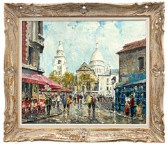 "Montmartre" Impressionist Paris Scene Oil Painting on Canvas w Figures & Cafes