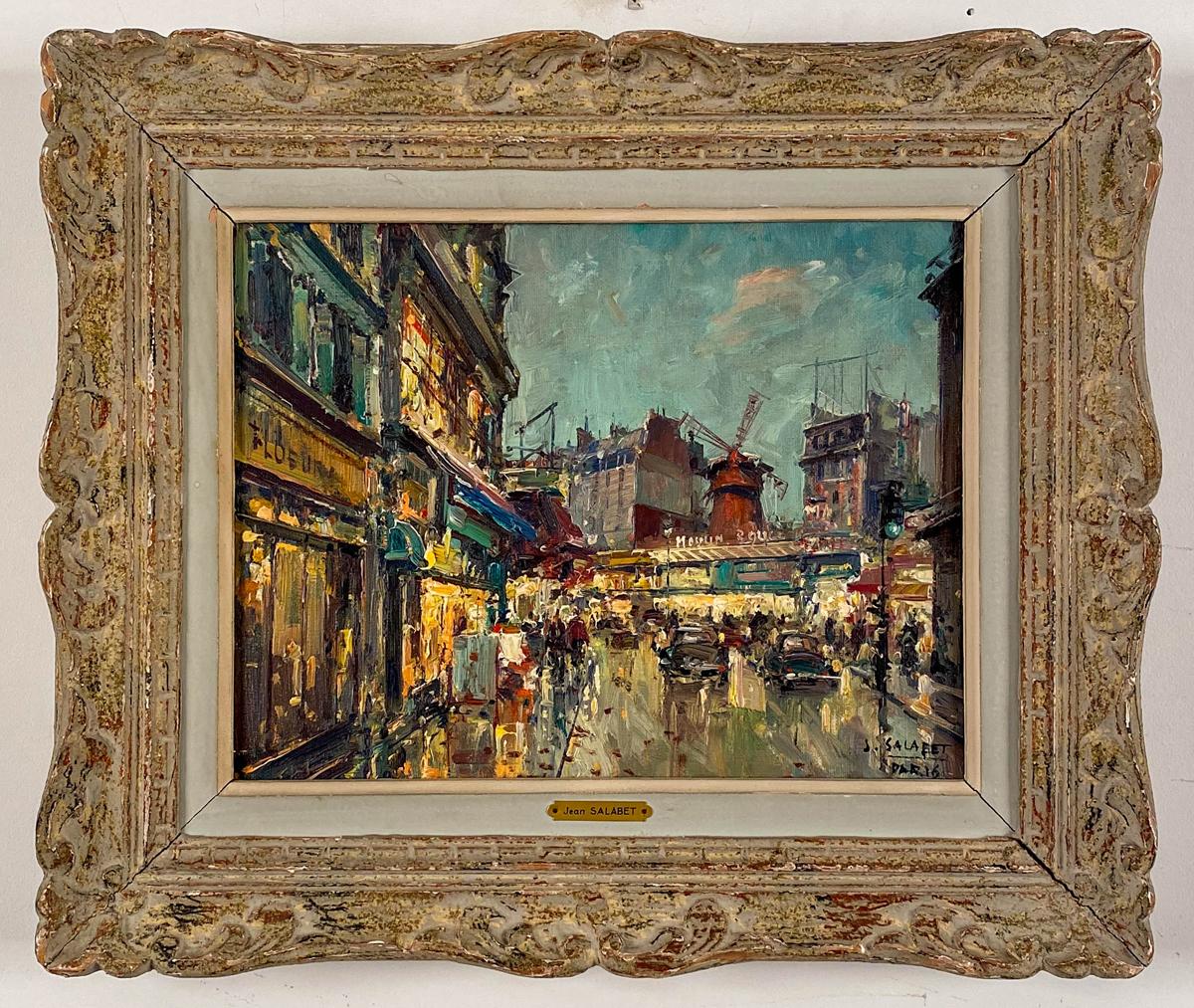 Jean Salabet
French, B. 1900
Moulin Rouge

Oil on canvas 
10 ½ by 13 ¾ in.  W/frame 16 ½ by 19 ½ in.
Signed lower right 

Jean Salabet was a School of Paris painter know for his colorful Parisian cityscapes. 
His work is comparable to those of Jules