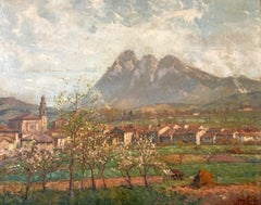 Peinture impressionniste à l'huile sur toile "Paysage de montagne" représentant une église et un village