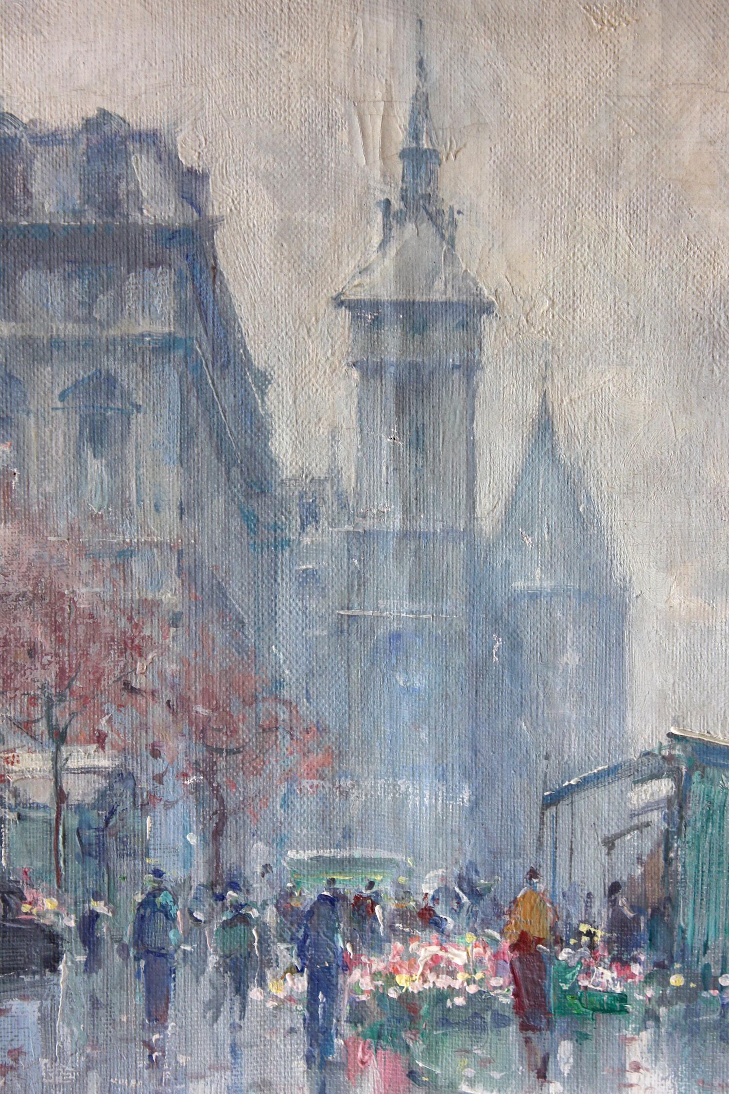 A beautiful oil on canvas painting by the French artist, Jean Salabet. Salabet was a Parisian painter known for his colorful cityscapes depicting the times of his generation. His work is comparable to those of Jules Herve, Antoine Blanchard and