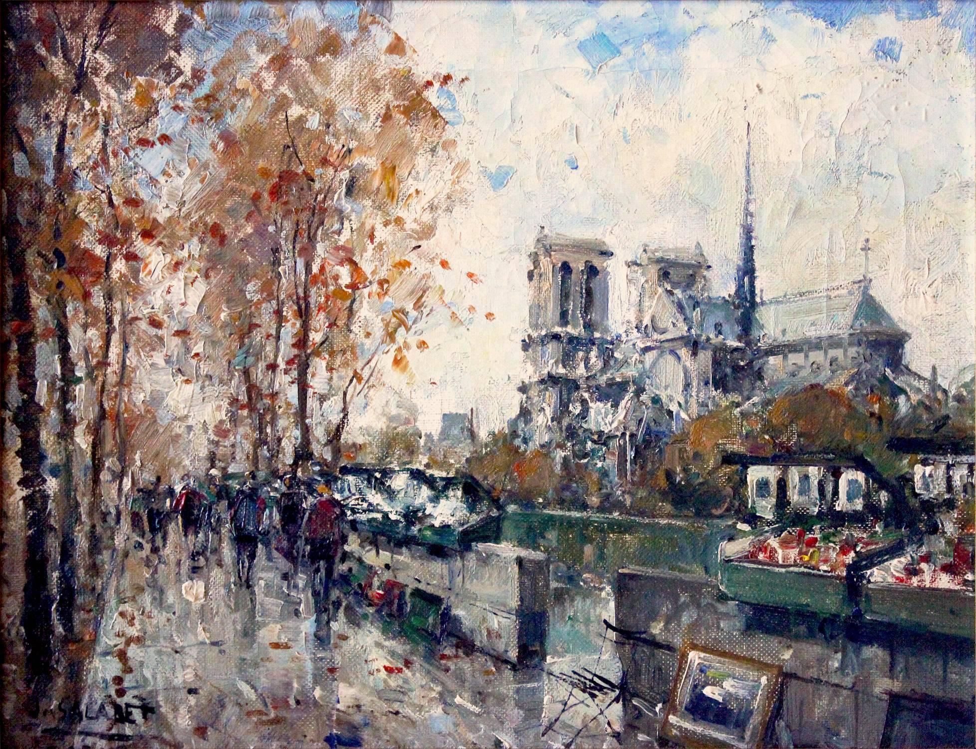 „Notre Dame“:: postimpressionistische Pariser Straßenszene:: Ölgemälde auf Leinwand – Painting von Jean Salabet