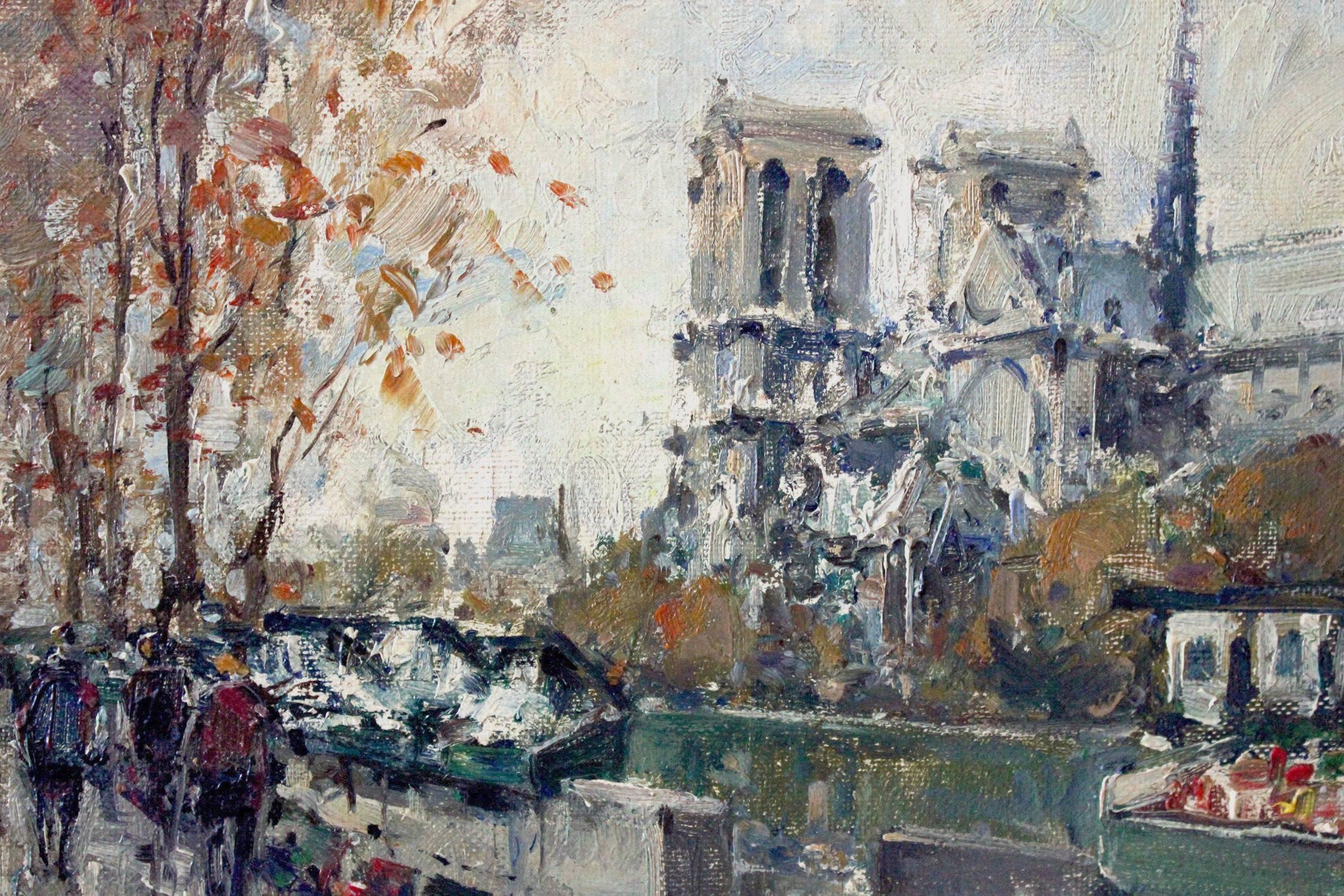 A beautiful oil on canvas painting by the French artist, Jean Salabet. Salabet was a Parisian painter known for his colorful cityscapes depicting the times of his generation. His work is comparable to those of Jules Herve, Antoine Blanchard and