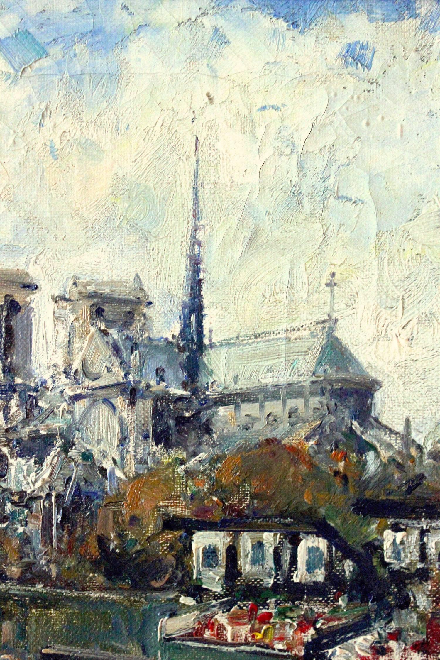 Ein wunderschönes Ölgemälde auf Leinwand des französischen Künstlers Jean Salabet. Salabet war ein Pariser Maler:: der für seine farbenfrohen Stadtlandschaften bekannt war:: die Zeit seiner Generation darstellen. Seine Arbeiten sind mit denen von