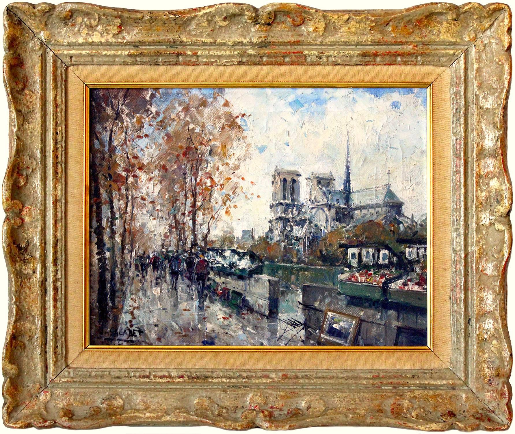Jean Salabet Figurative Painting - "Notre Dame" Post-Impressionist Parisian Street Scene Oil Painting on Canvas