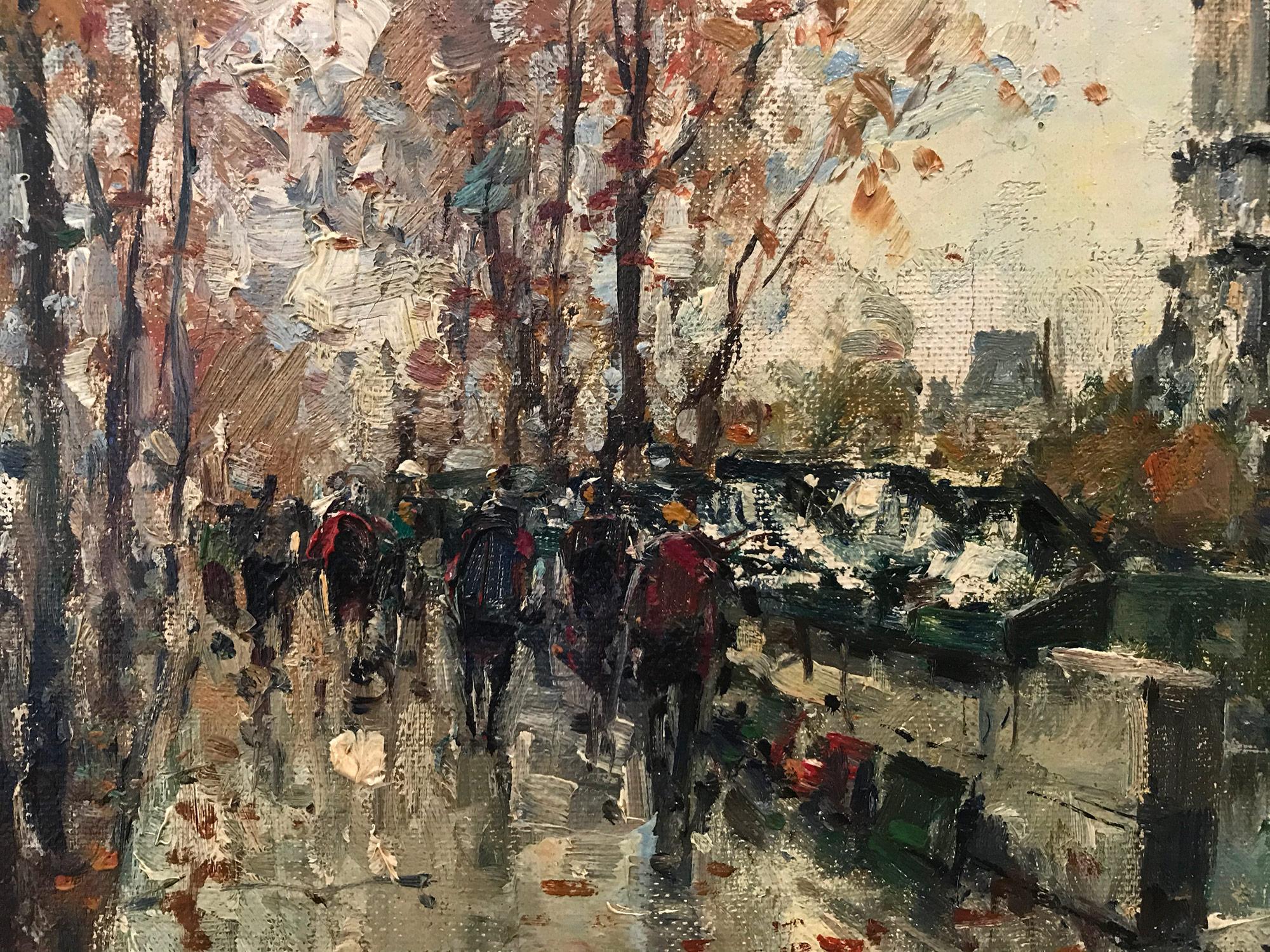 Un bellissimo dipinto a olio su tela dell'artista francese Jean Salabet. Salabet era un pittore parigino noto per i suoi paesaggi urbani colorati che ritraevano i tempi della sua generazione. Il suo lavoro è paragonabile a quello di Jules Herve,