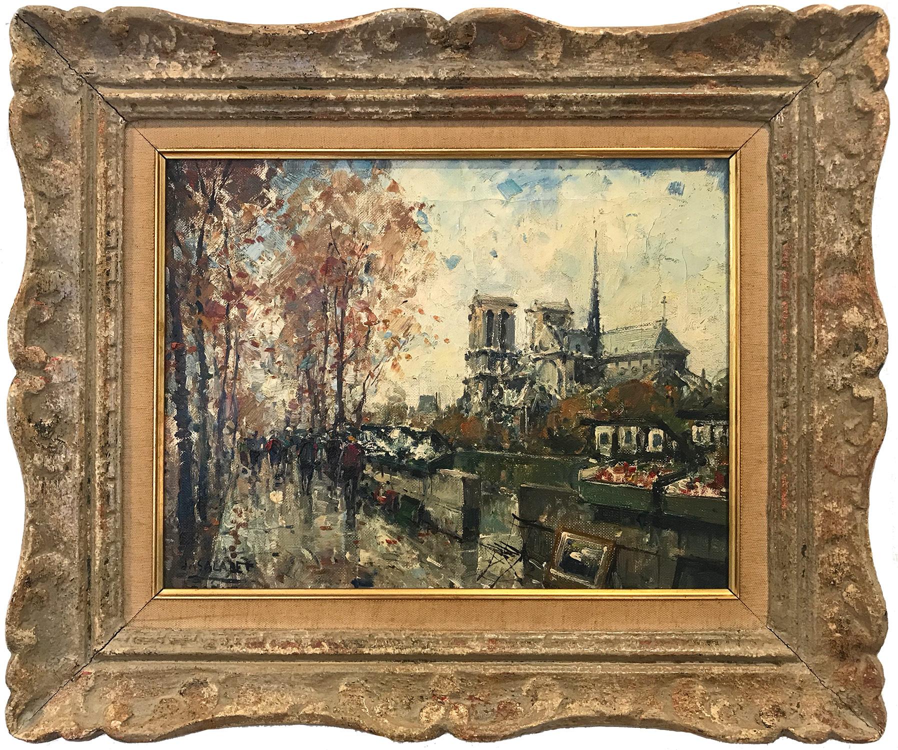 Jean Salabet Landscape Painting - "Notre Dame" Post-Impressionist Parisian Street Scene Oil Painting on Canvas