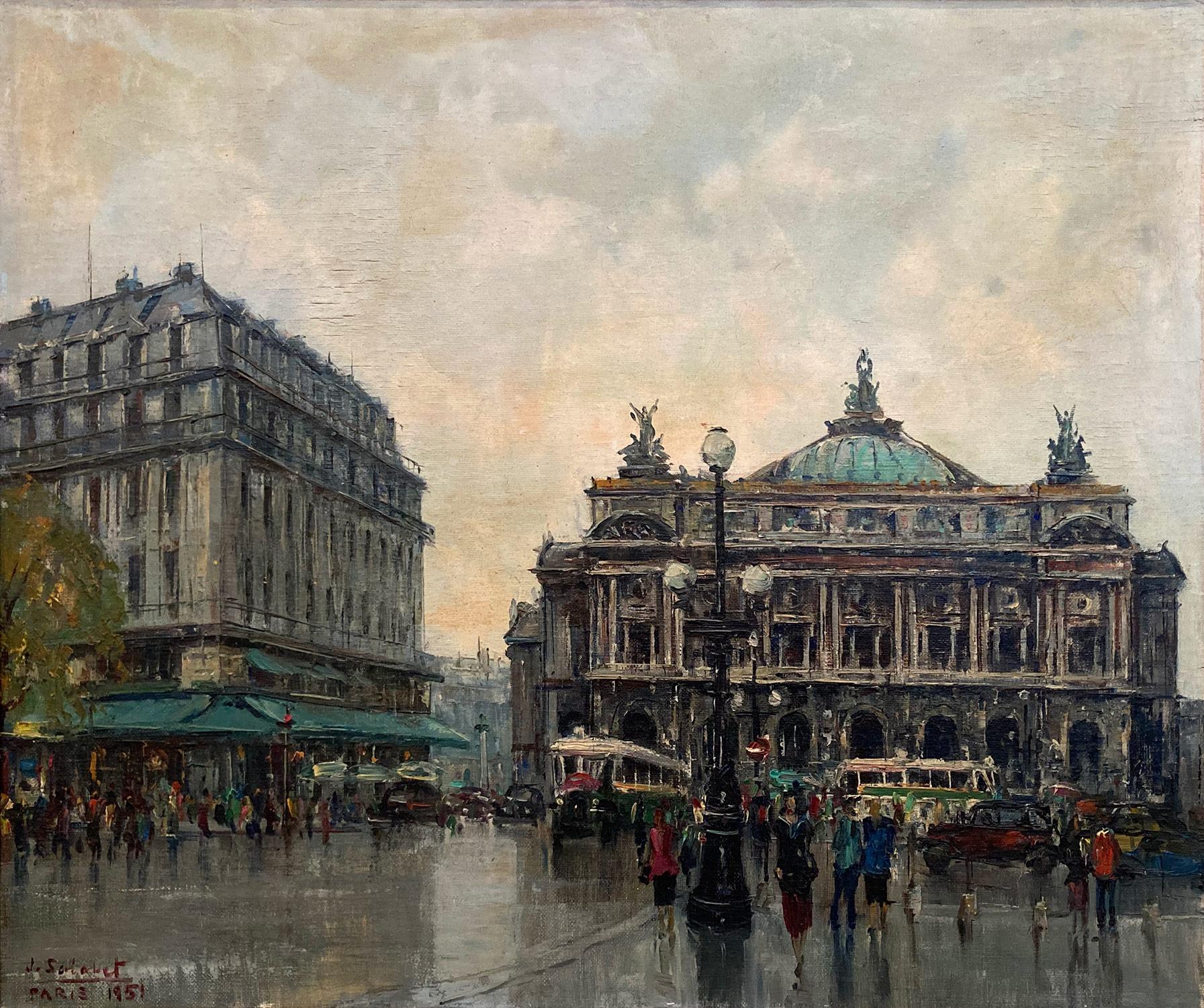 A beautiful oil on canvas painting by the French artist, Jean Salabet. Salabet was a Parisian painter known for his colorful cityscapes depicting the times of his generation. His work is comparable to those of Jules Herve, Antoine Blanchard, and