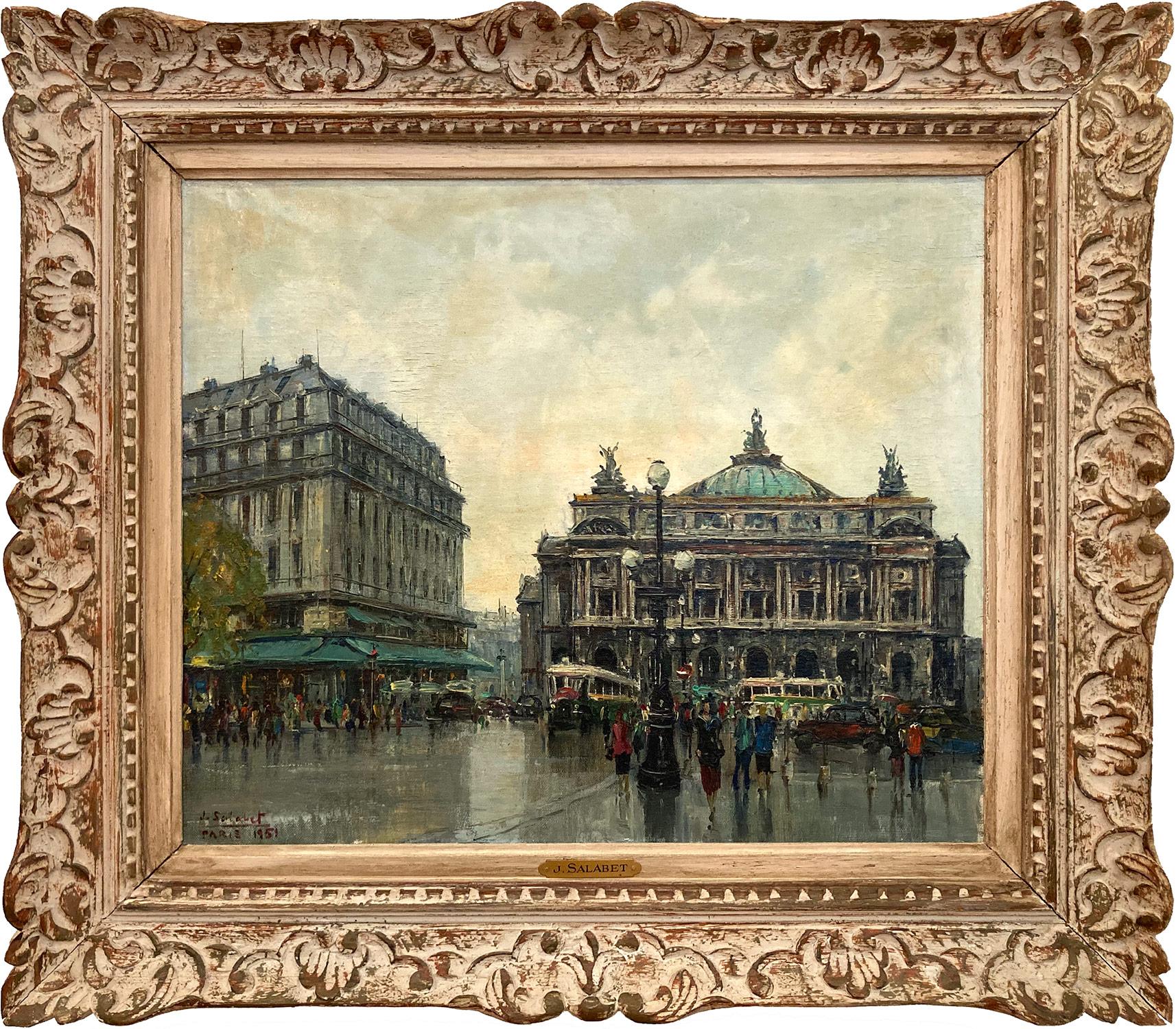 Landscape Painting Jean Salabet - Peinture à l'huile sur toile « Palais Garnier » - Scène de rue parisienne post-impressionniste