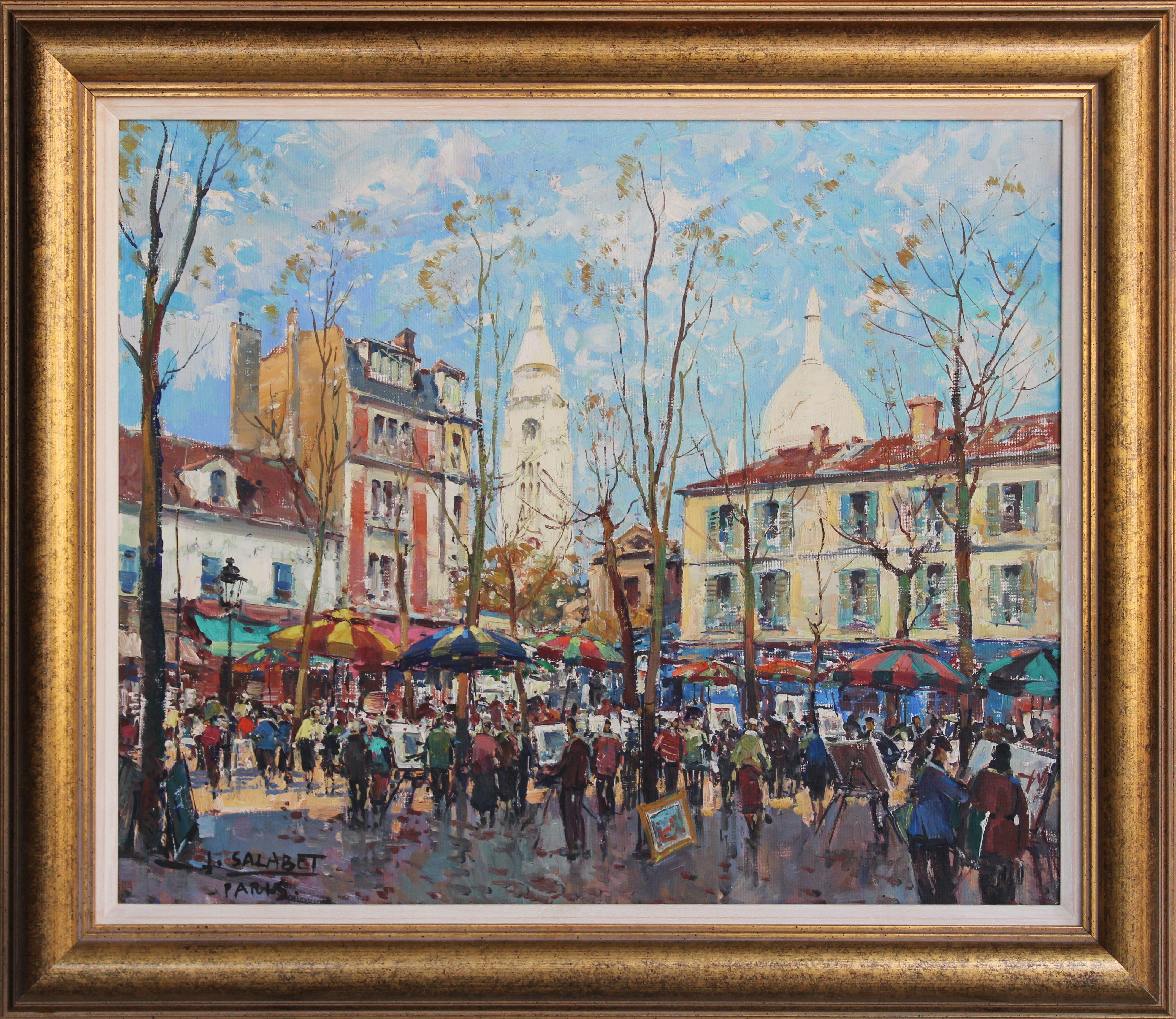 Scena del mercato parigino. Olio su tela, 48х57 сm - Painting di Jean Salabet