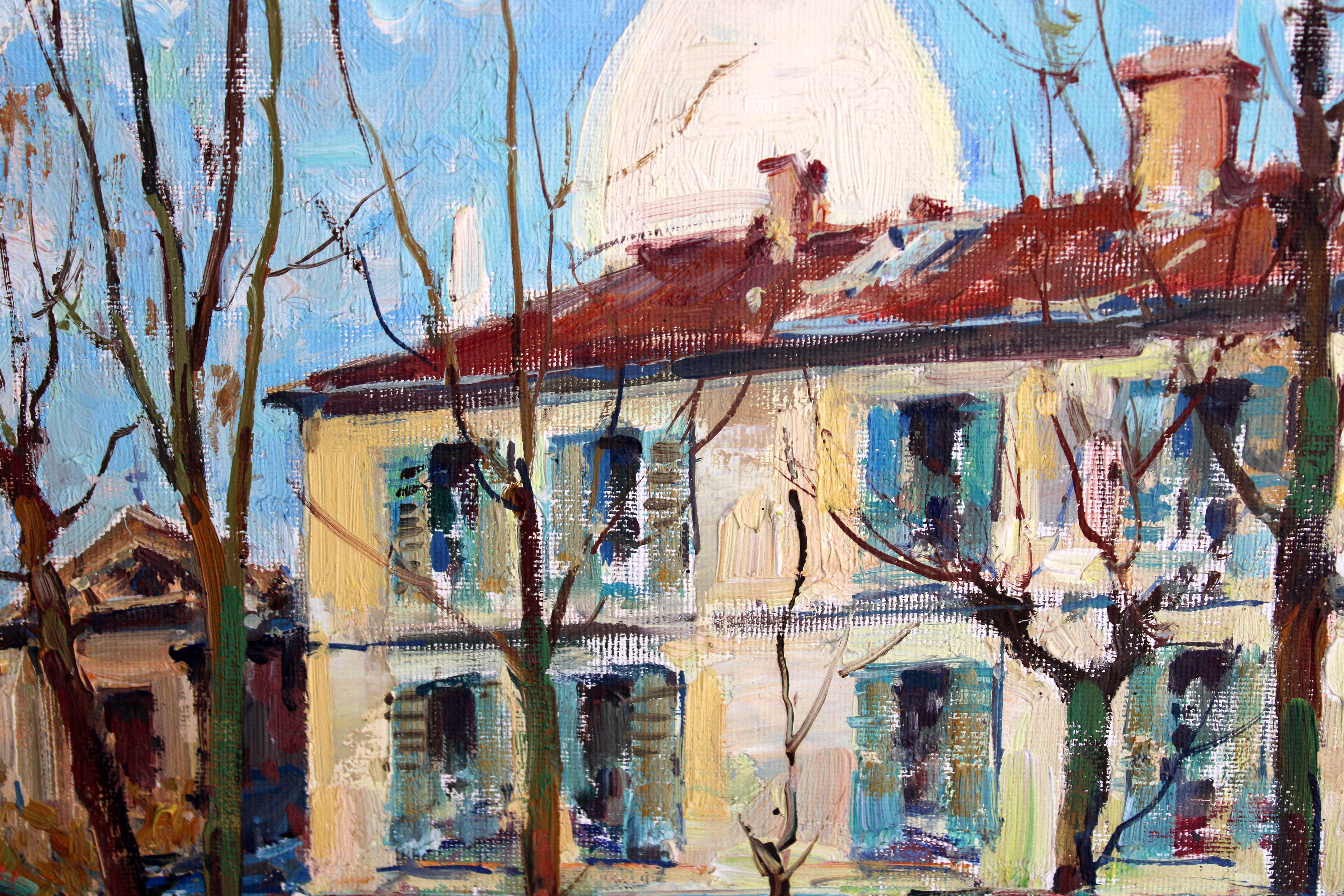 Scena del mercato parigino. Olio su tela, 48х57 сm - Figurative Painting Grigio di Jean Salabet