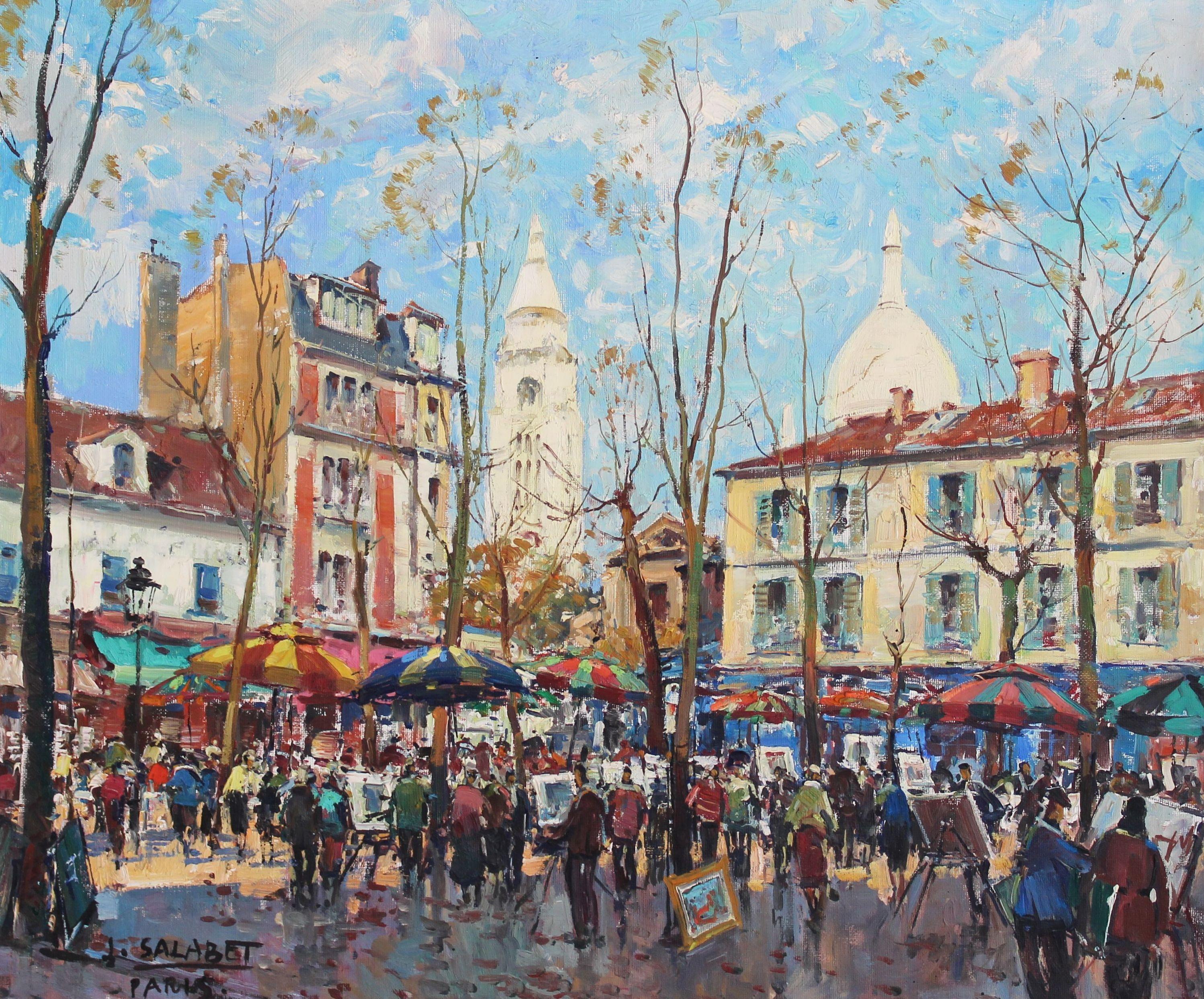Figurative Painting di Jean Salabet - Scena del mercato parigino. Olio su tela, 48х57 сm