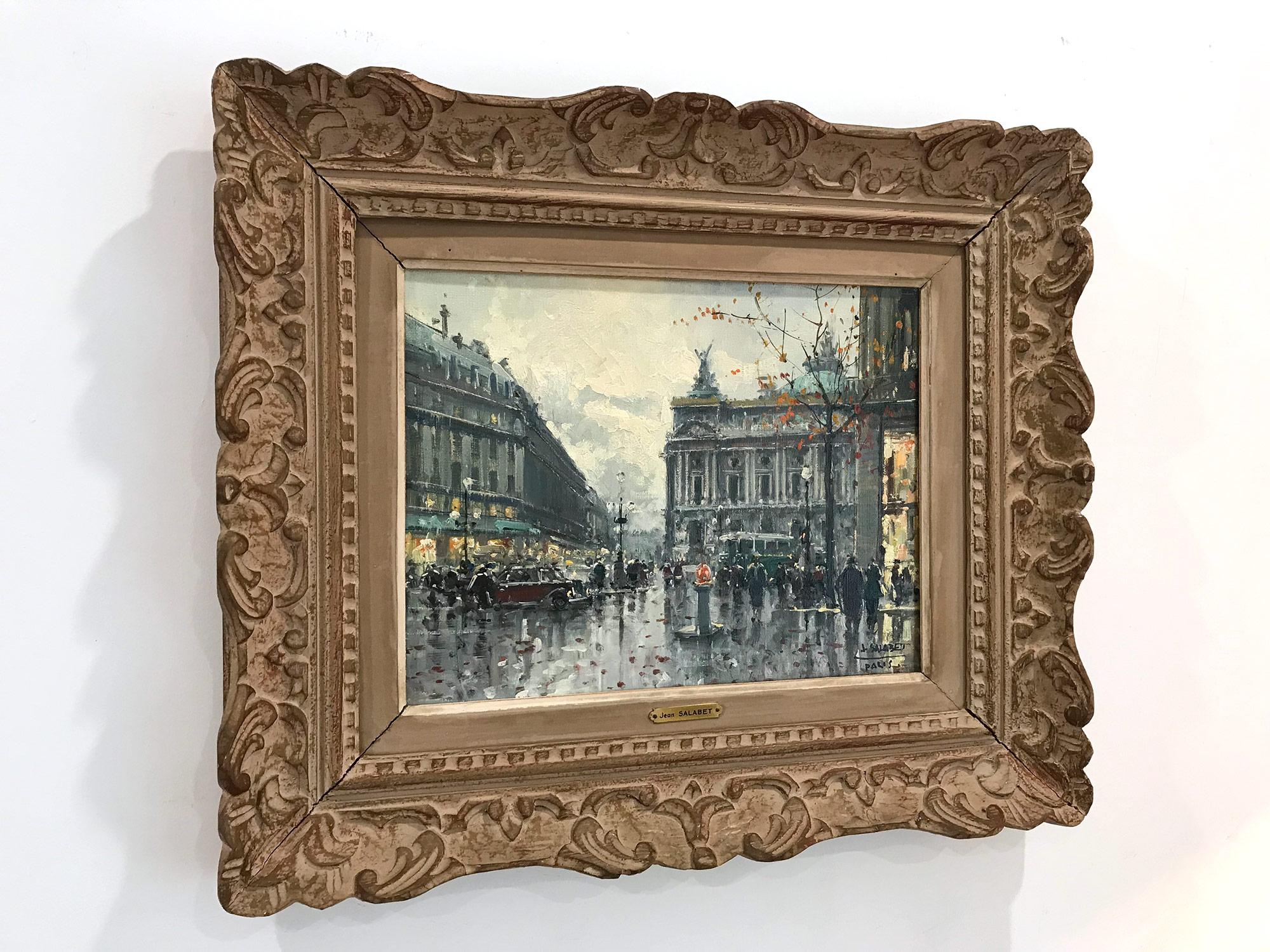 A beautiful oil on canvas painting by the French artist, Jean Salabet. Salabet was a Parisian painter known for his colorful cityscapes depicting the times of his generation. His work is comparable to those of Jules Herve, Antoine Blanchard, and