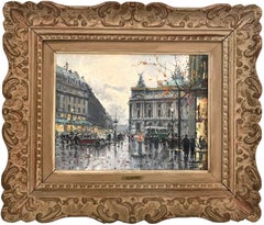 "Place de l'Opéra", scena di strada parigina impressionista dipinta ad olio su tela