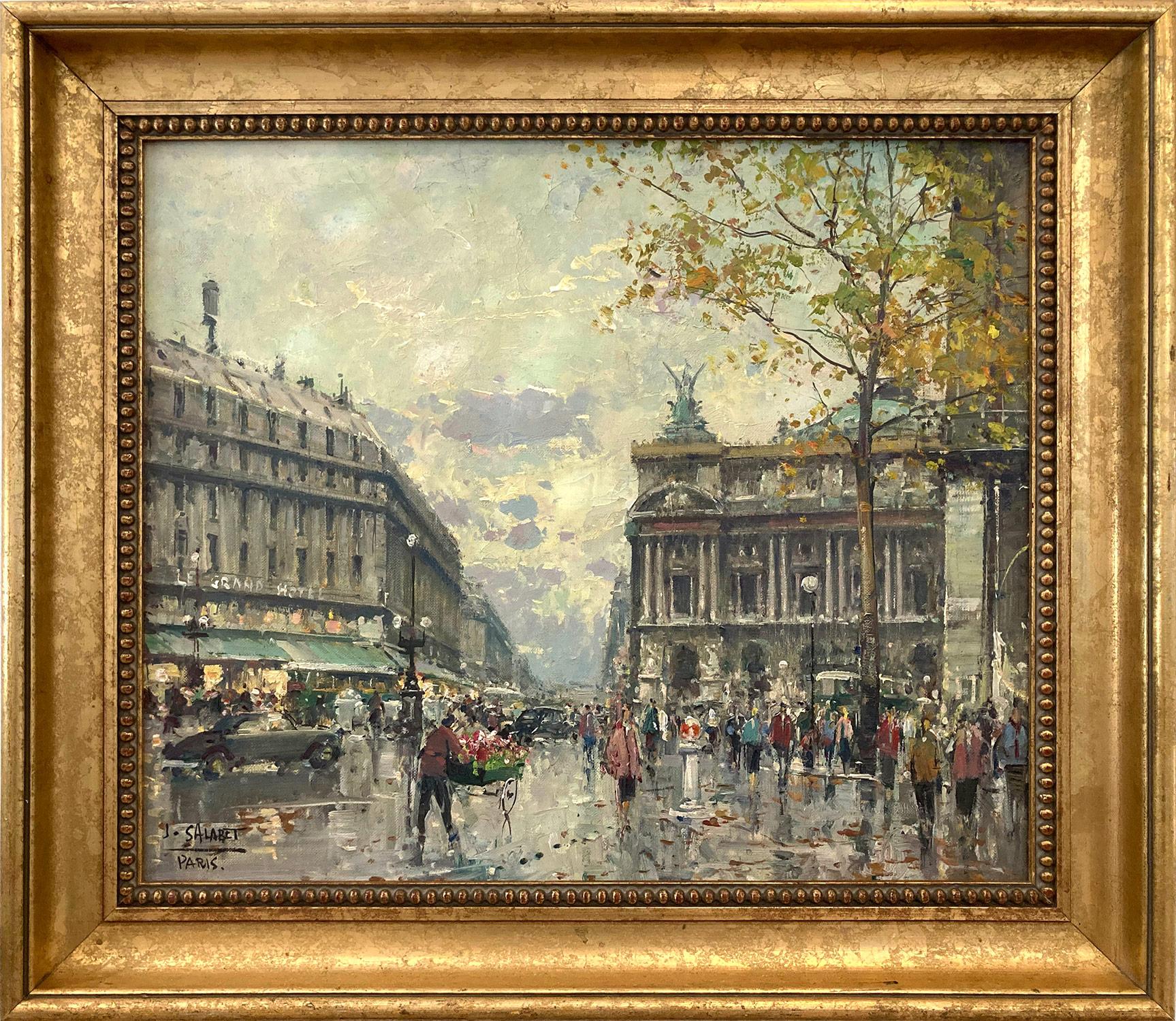 Figurative Painting di Jean Salabet - "Place de l'Opéra", scena di strada parigina post-impressionista dipinta a olio su tela