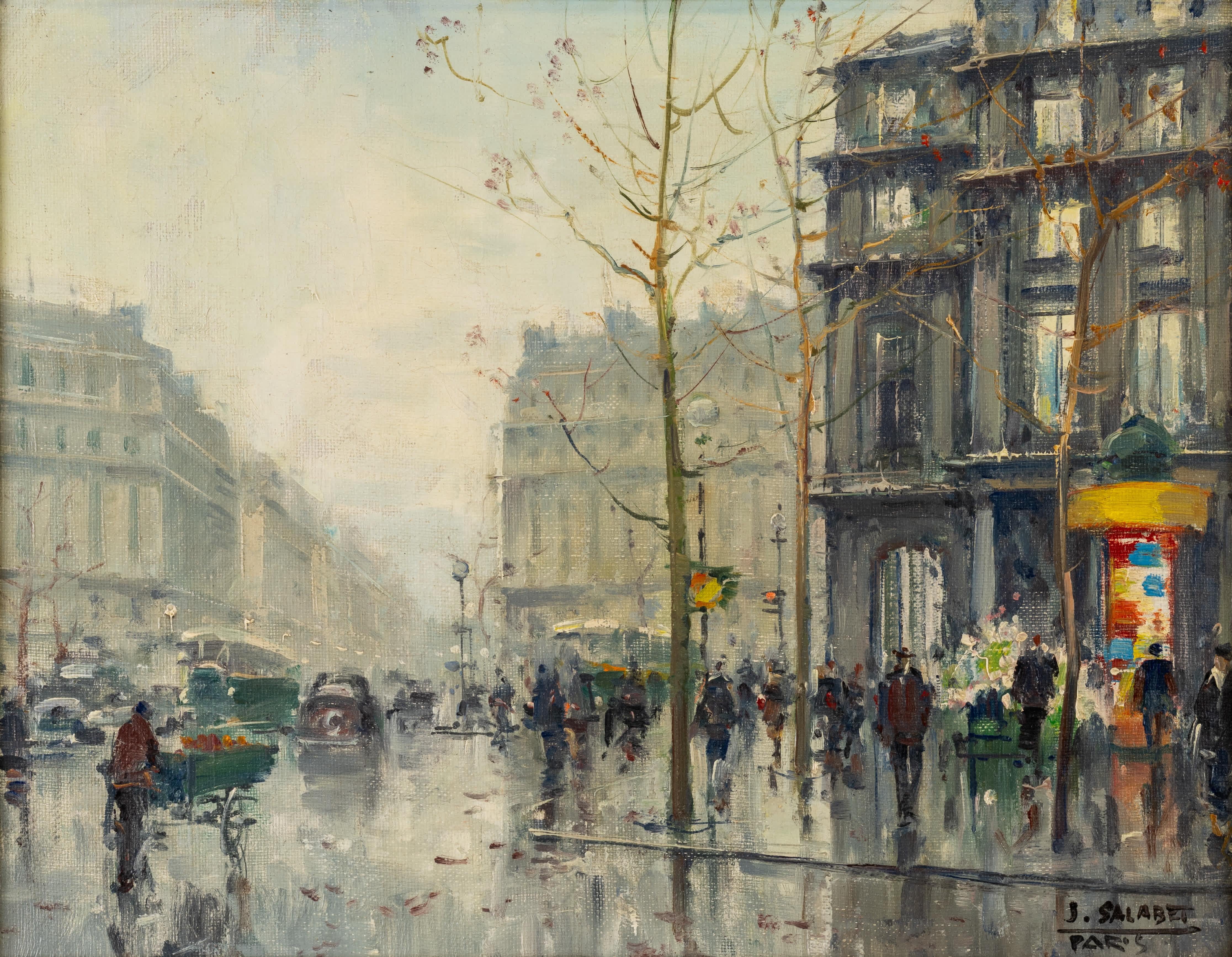 Rainy Street in Winter - Impressionist Painting by Jean Salabet