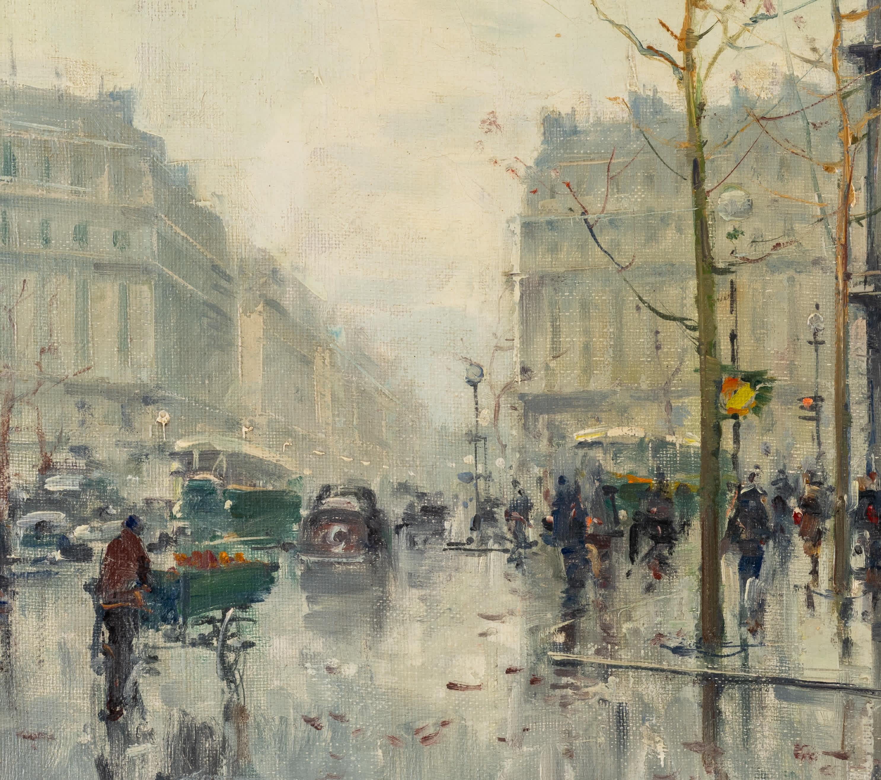 Jean Salabet
French, Born 1900
Rainy Street in Winter

Oil on canvas
10 ¾ by 13 ⅞ in, w/ frame 16 ½ by 19 ½ in
Signed lower right

Jean Salabet was a School of Paris painter known for his colorful Parisian cityscapes.

His work is comparable to