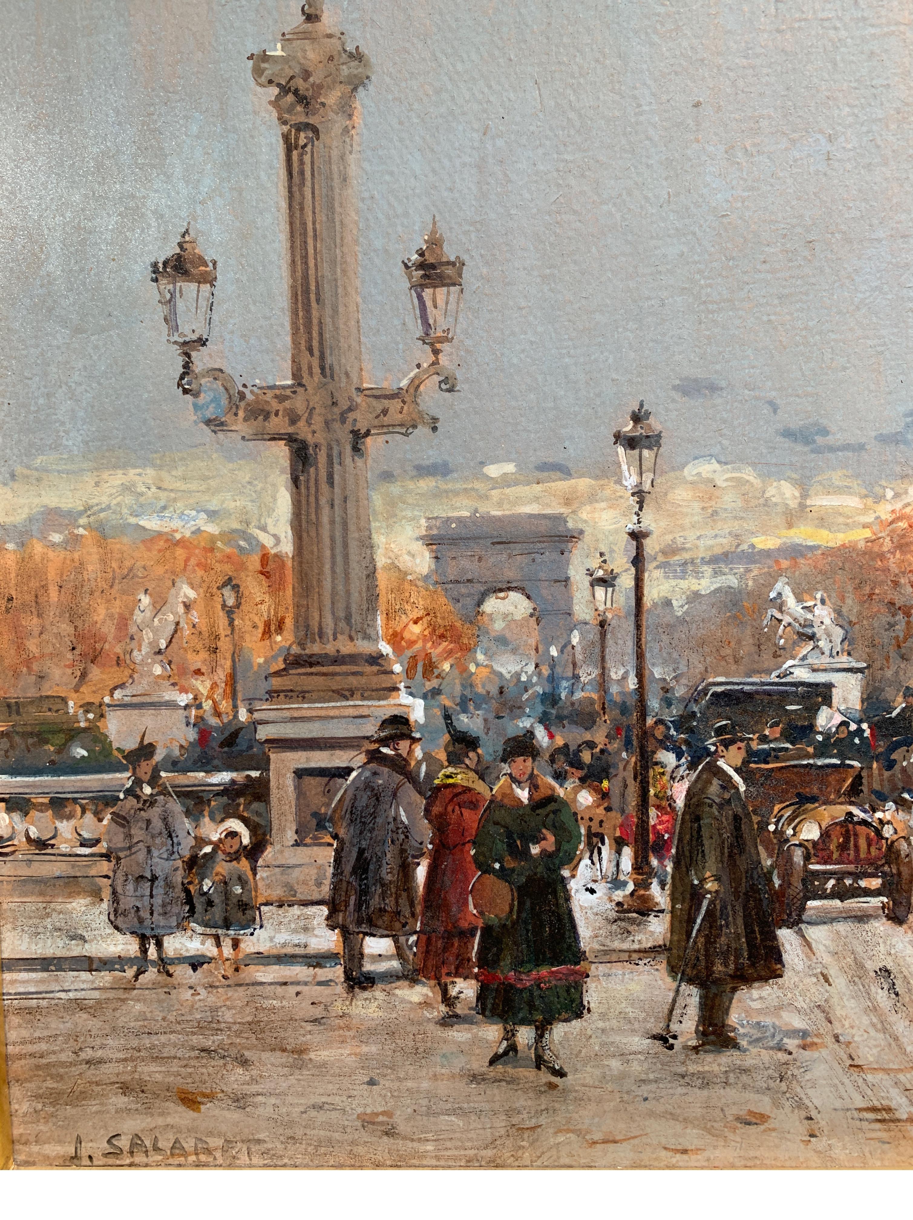 Street Scene in Paris from the 1930 period - Painting by Jean Salabet