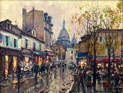 "Vue de Montmartre" Impressionniste Scène de Paris Peinture à l'huile sur toile avec figures