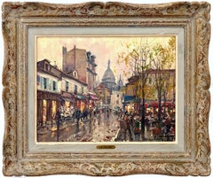 "View of Montmartre" Impressionist Paris Scene Oil Painting on Canvas w Figures