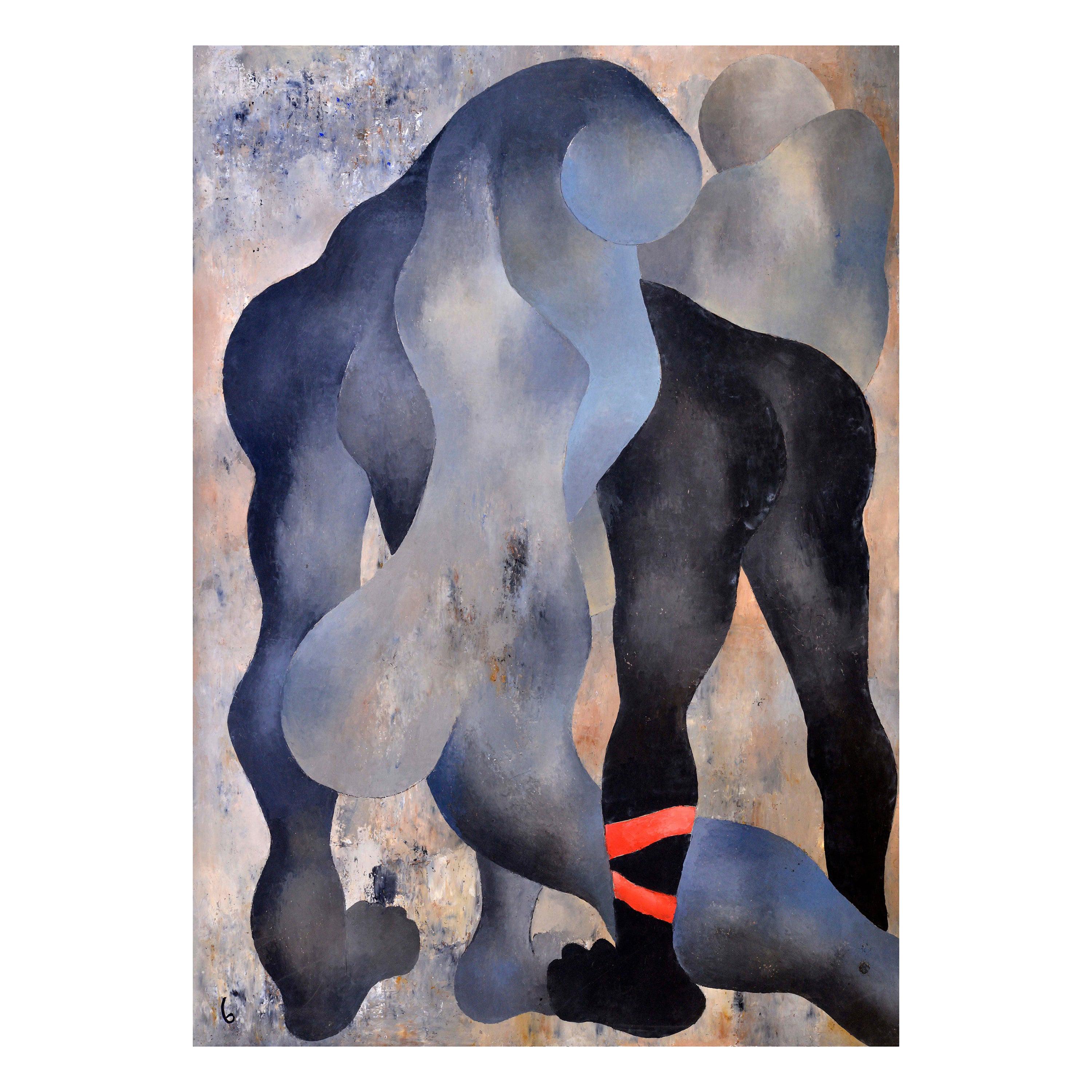 Jean Sanglar Grey, Blue, Black and White Painting "Red Ribbon", circa 1976