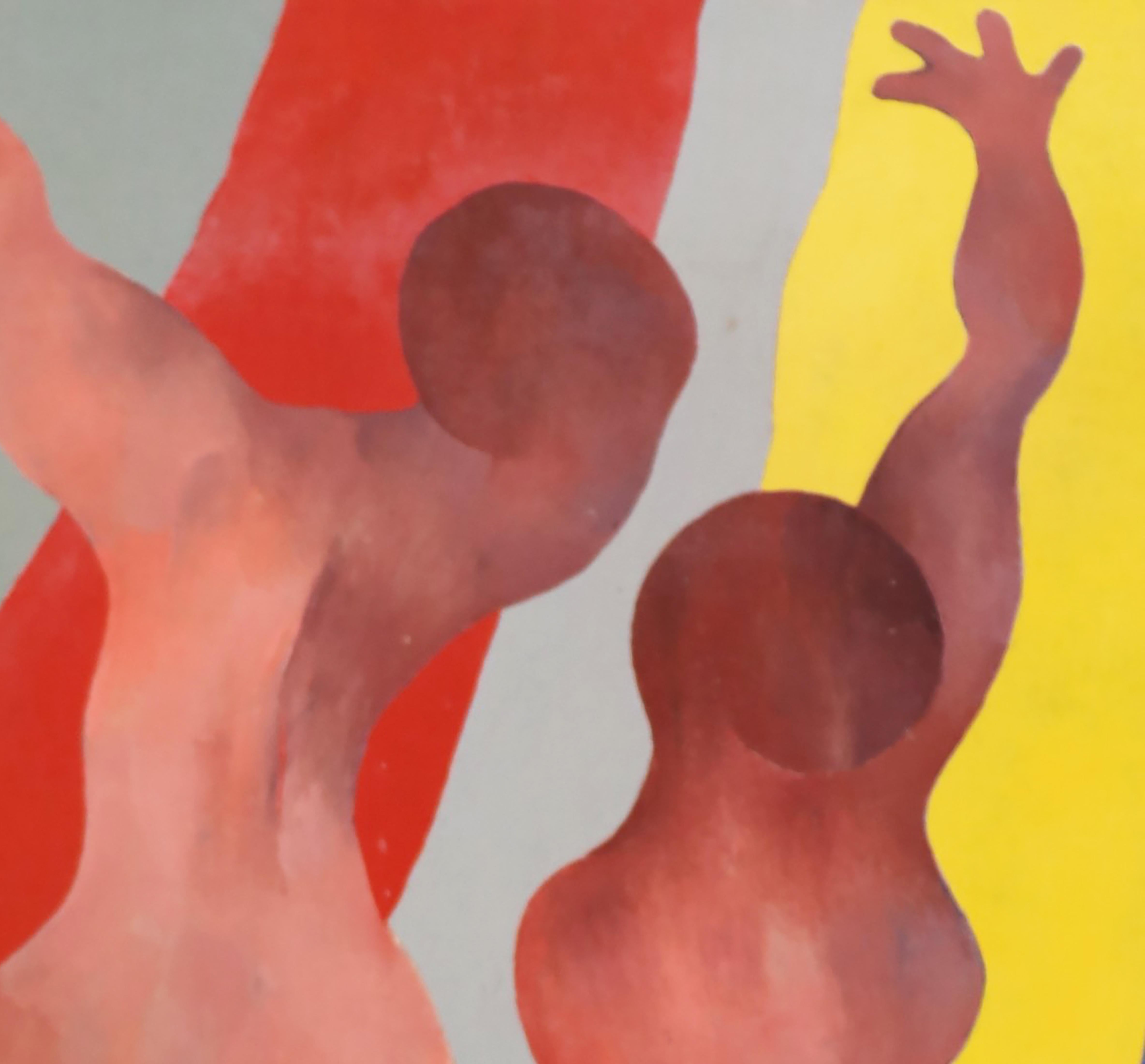Dancing Figures on a Grey, Red, Yellow & Blue background. - Painting by Jean Sanglar