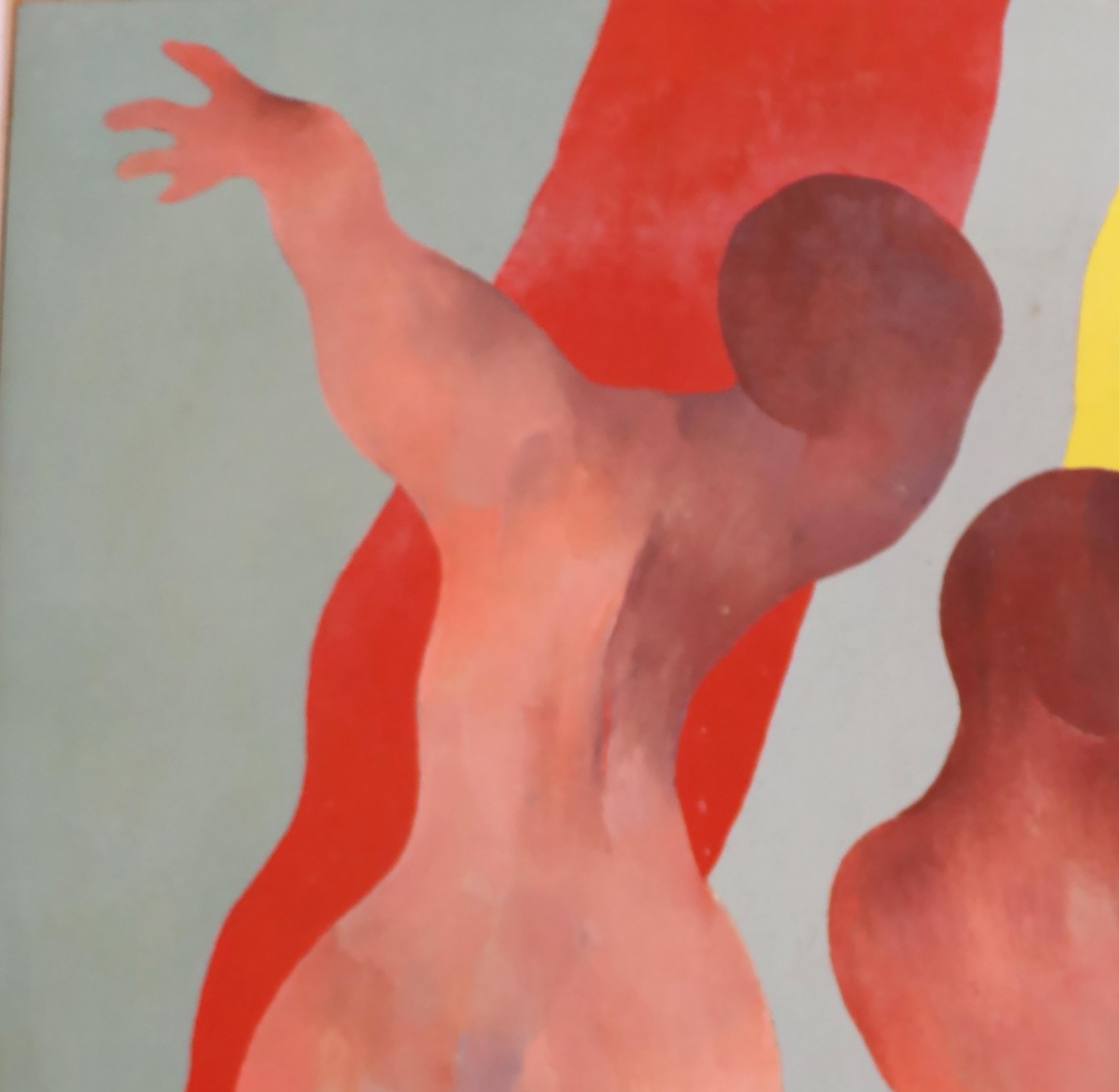 Tanzfiguren auf grauem, rotem, gelbem, gelbem und blauem Hintergrund. (Neue Wilde), Painting, von Jean Sanglar