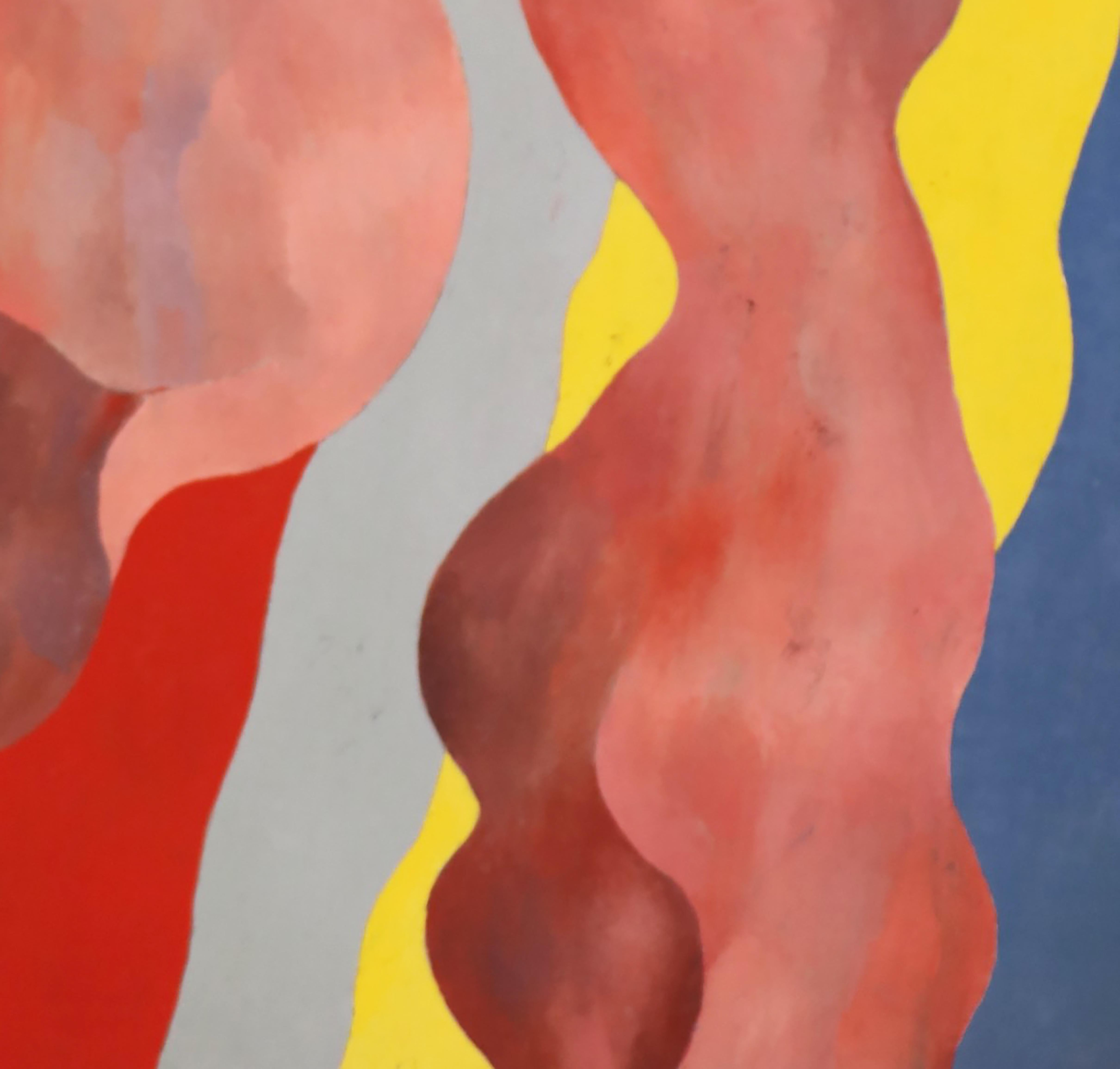 Tanzfiguren auf grauem, rotem, gelbem, gelbem und blauem Hintergrund. (Pink), Landscape Painting, von Jean Sanglar