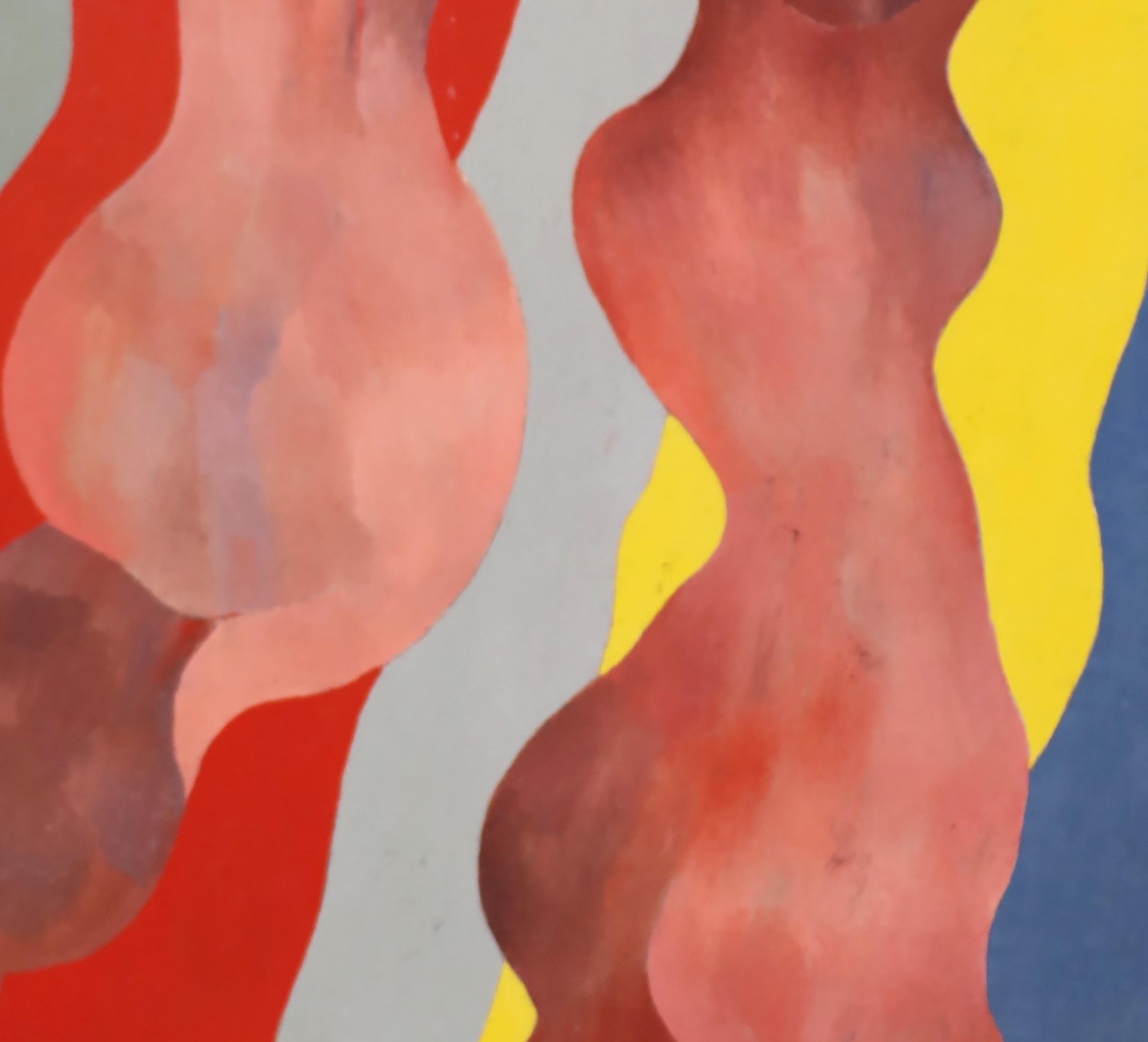 Dancing Figures on a Grey, Red, Yellow & Blue background. - Neo-Expressionist Painting by Jean Sanglar
