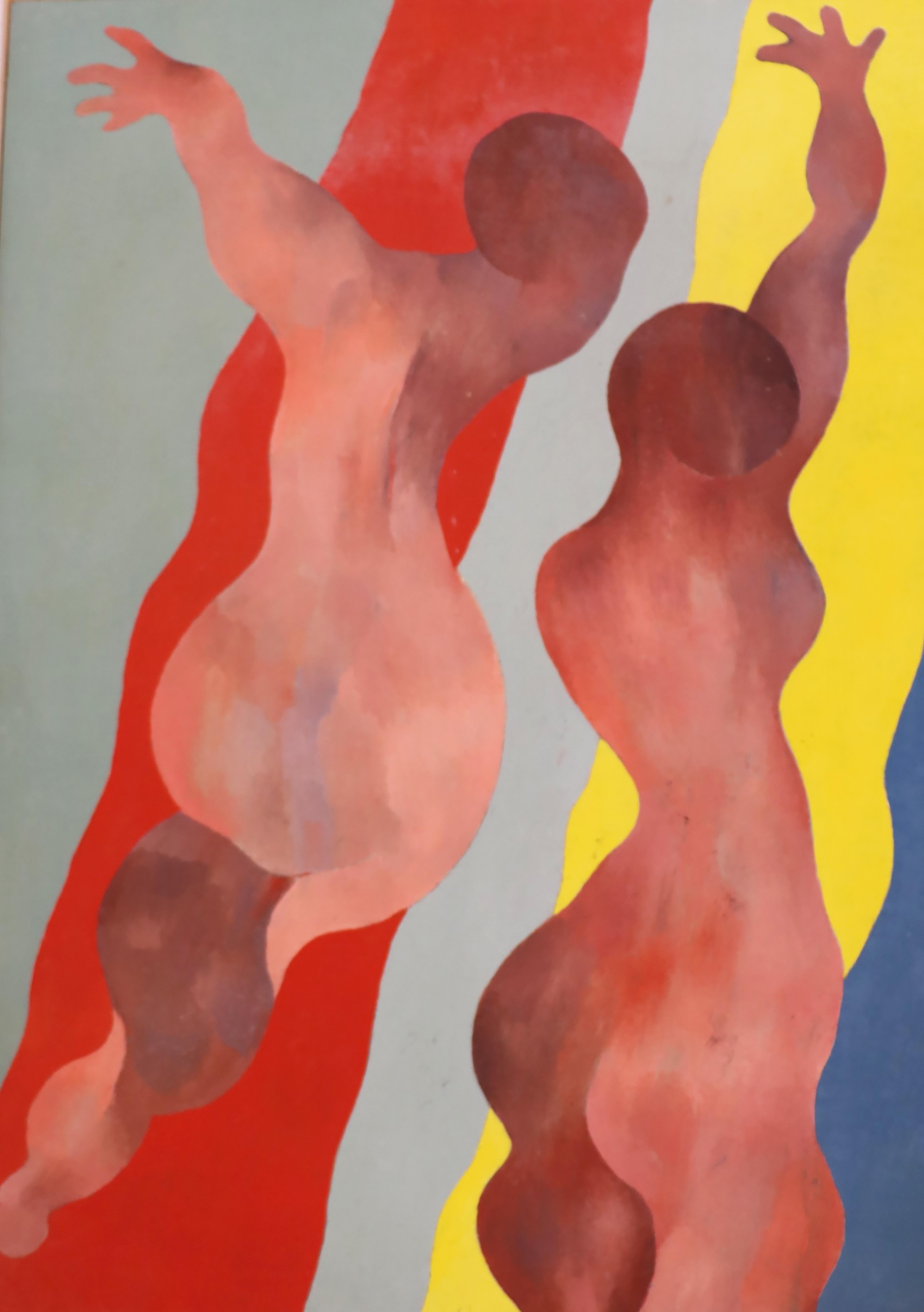 Figuras danzantes sobre fondo gris, rojo, amarillo y azul.