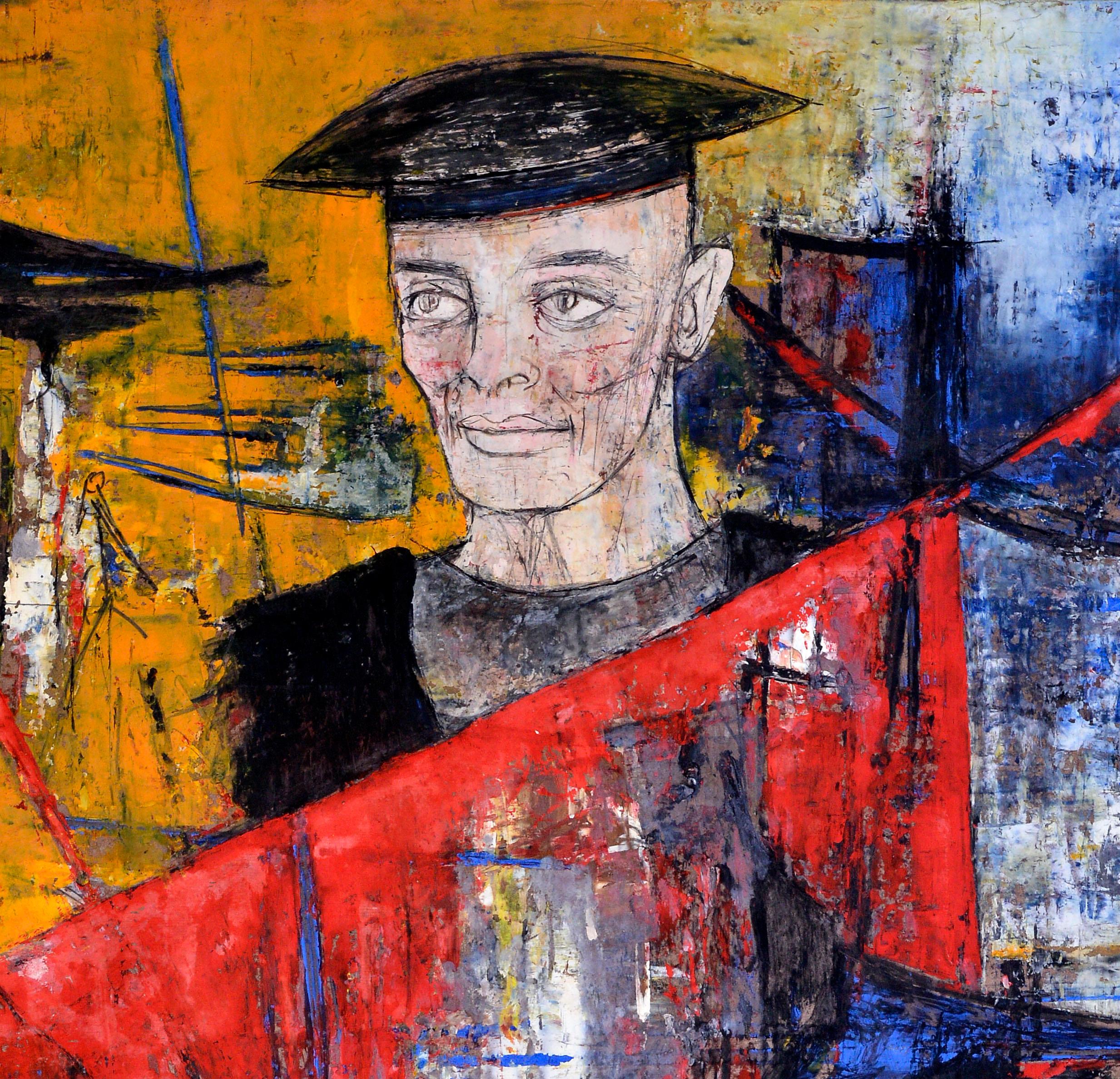 Man with a Hat on a Yellow & Blue background with a Red Flag floating - Painting by Jean Sanglar
