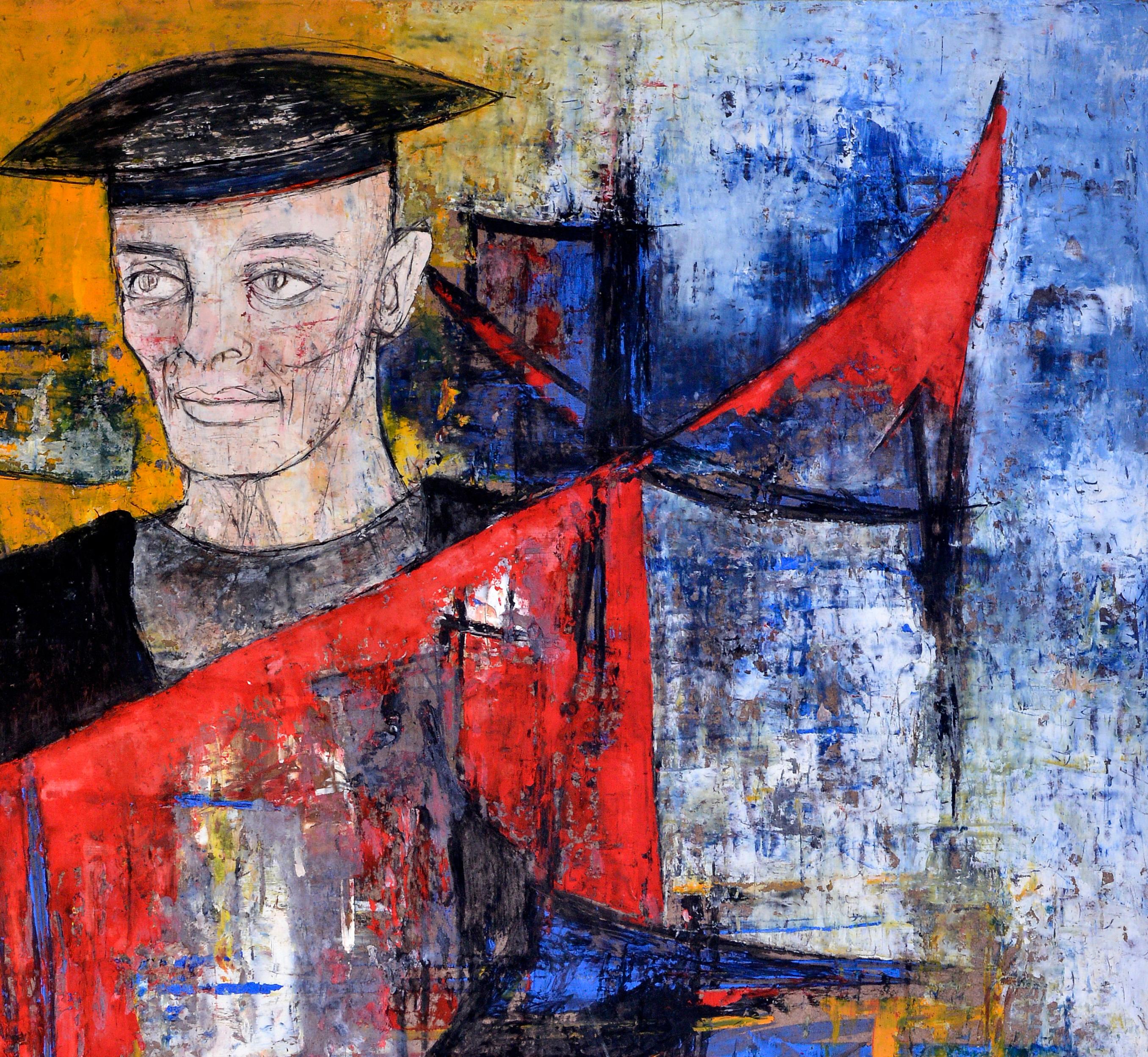 Hombre con sombrero sobre fondo amarillo y azul con una bandera roja flotando en venta 1