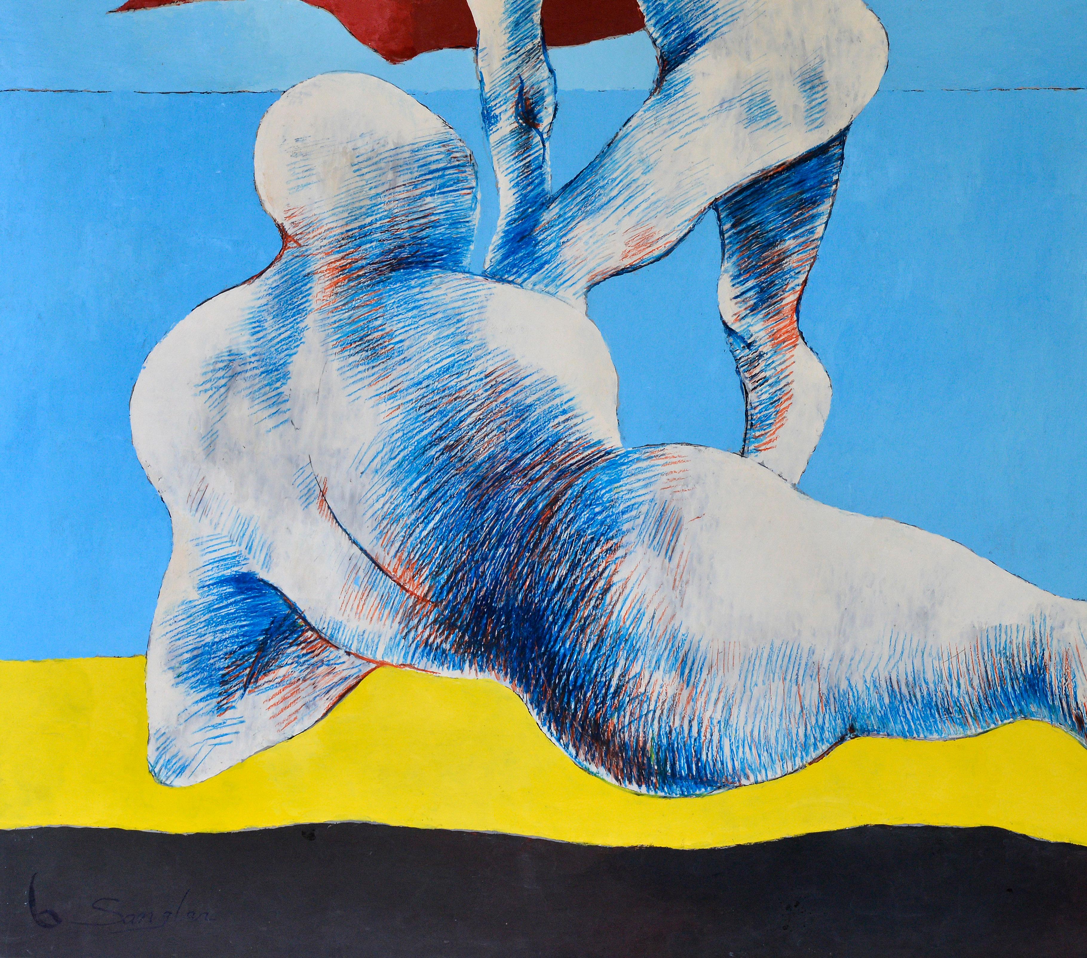 Beach Time - Blue Figurative Painting by Jean Sanglar