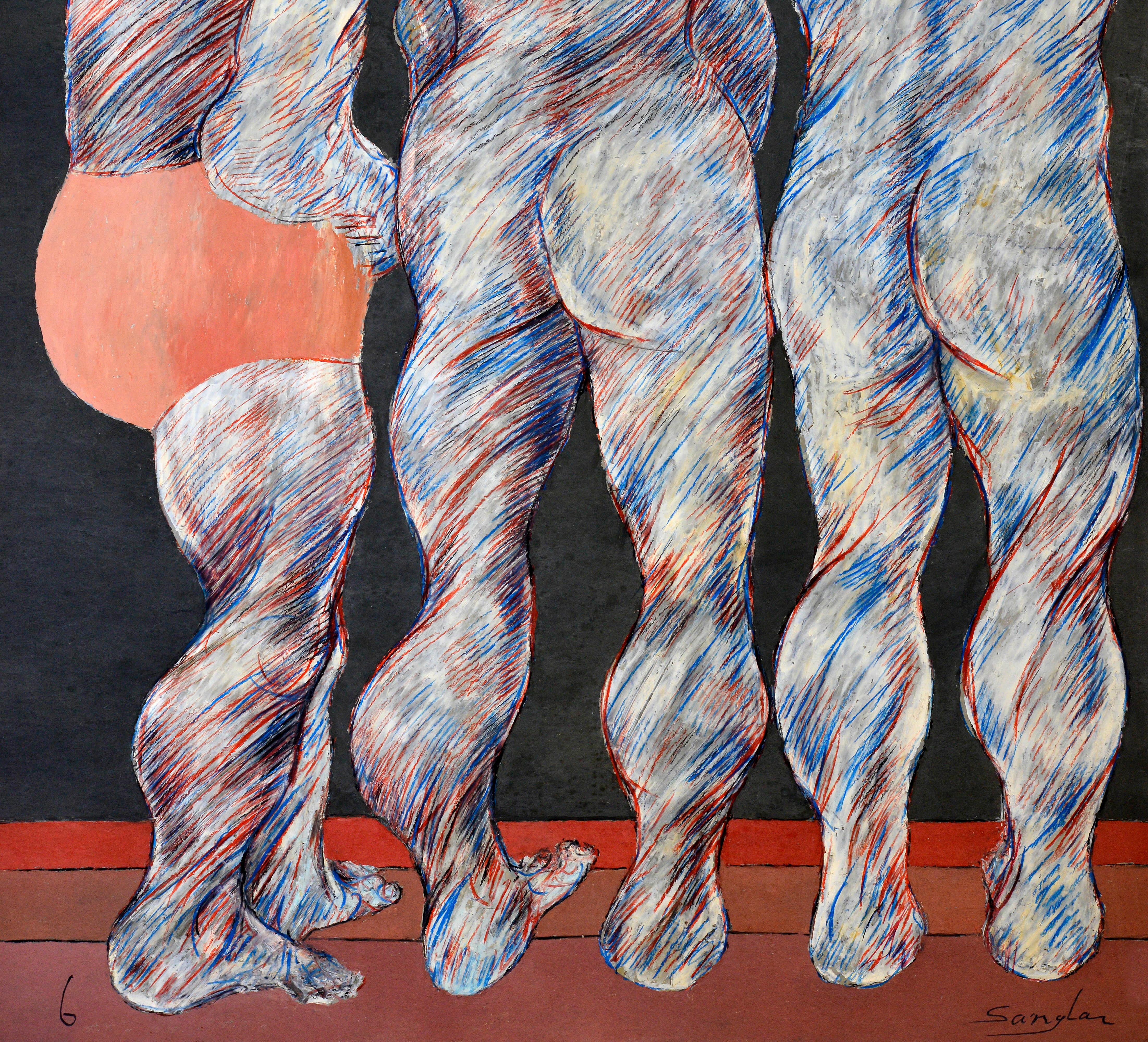 Three nudes - Gray Figurative Painting by Jean Sanglar