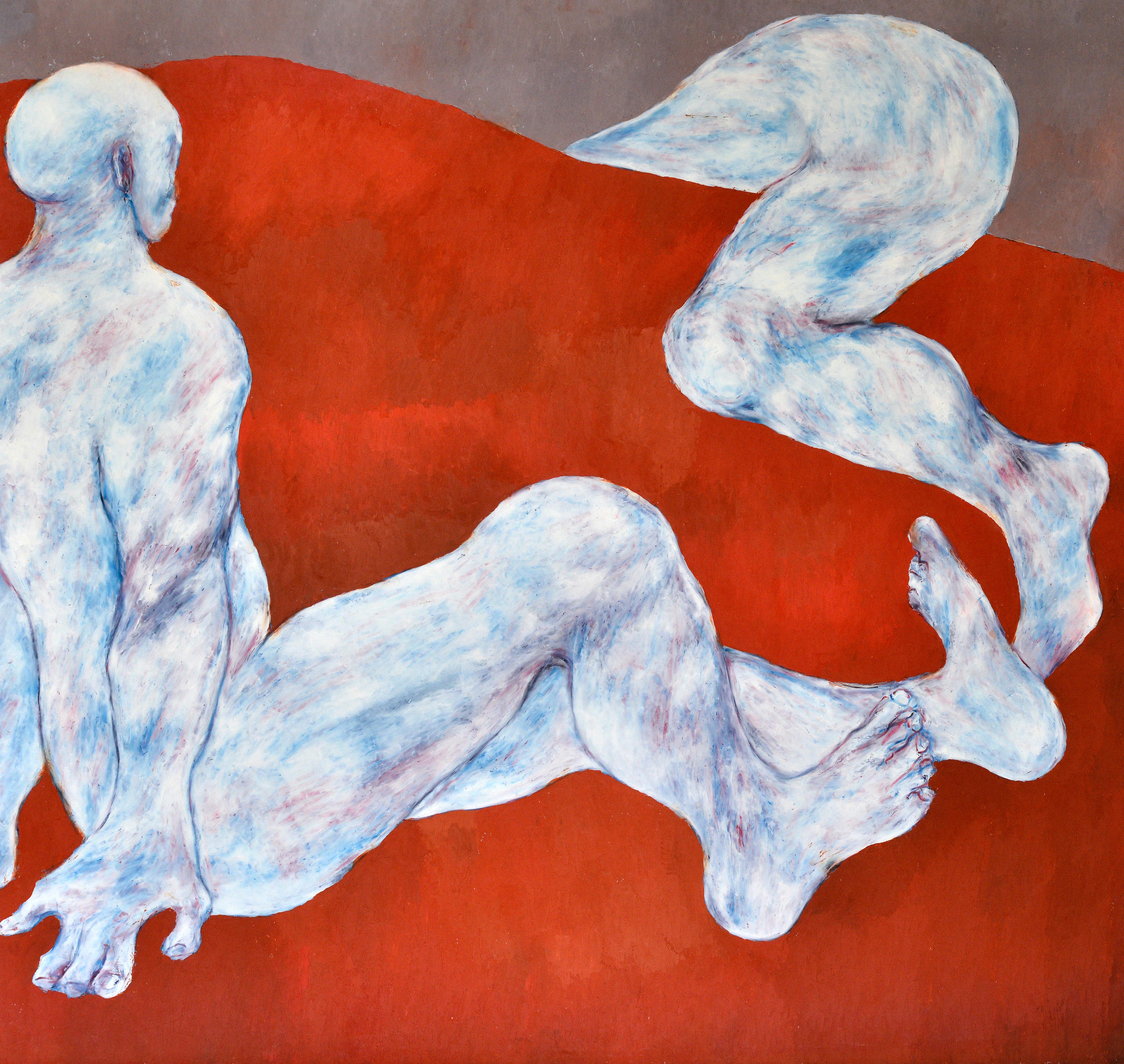 Nudes on a red sofa - Red Figurative Painting by Jean Sanglar