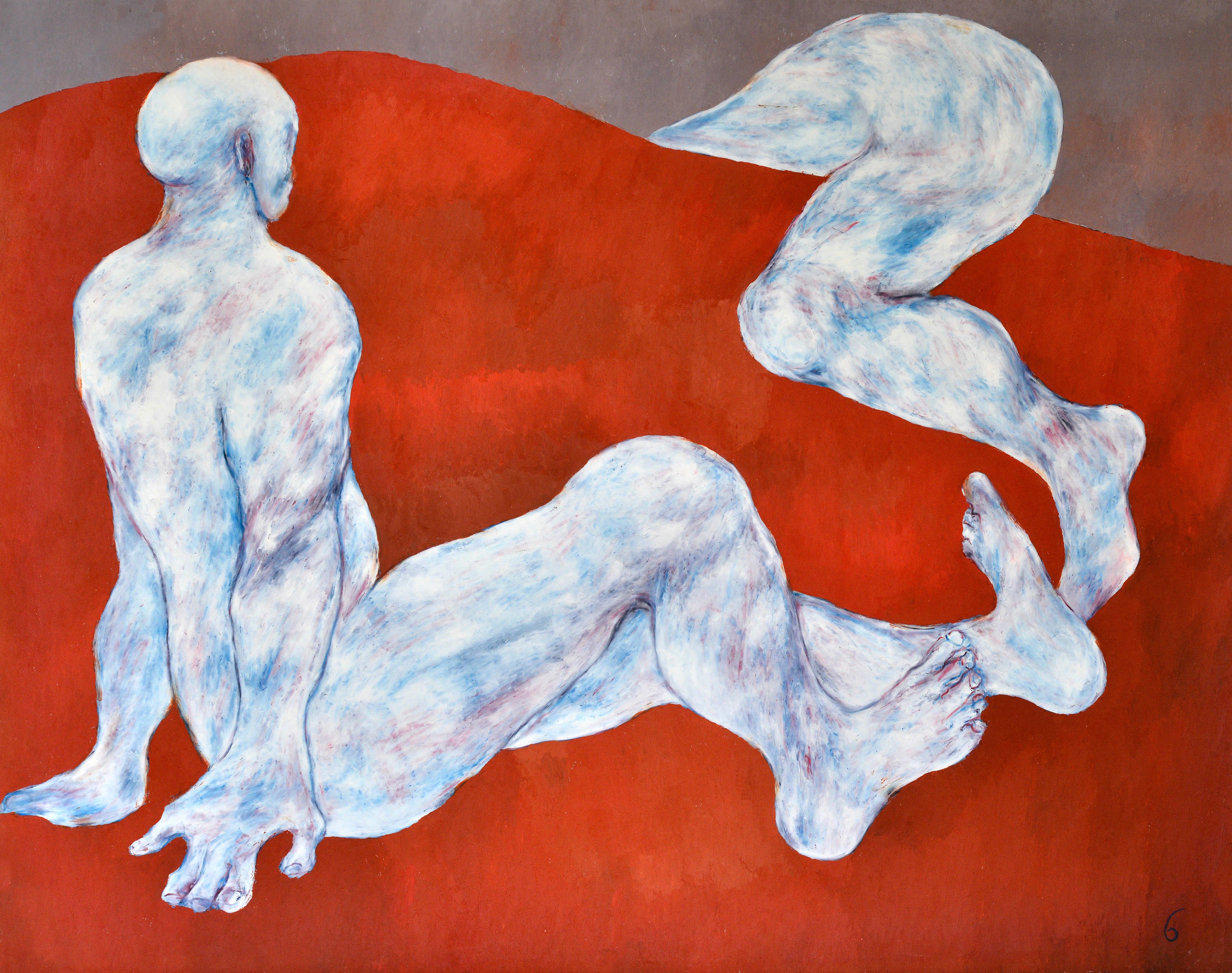 Figurative Painting Jean Sanglar - Nus sur un canapé rouge