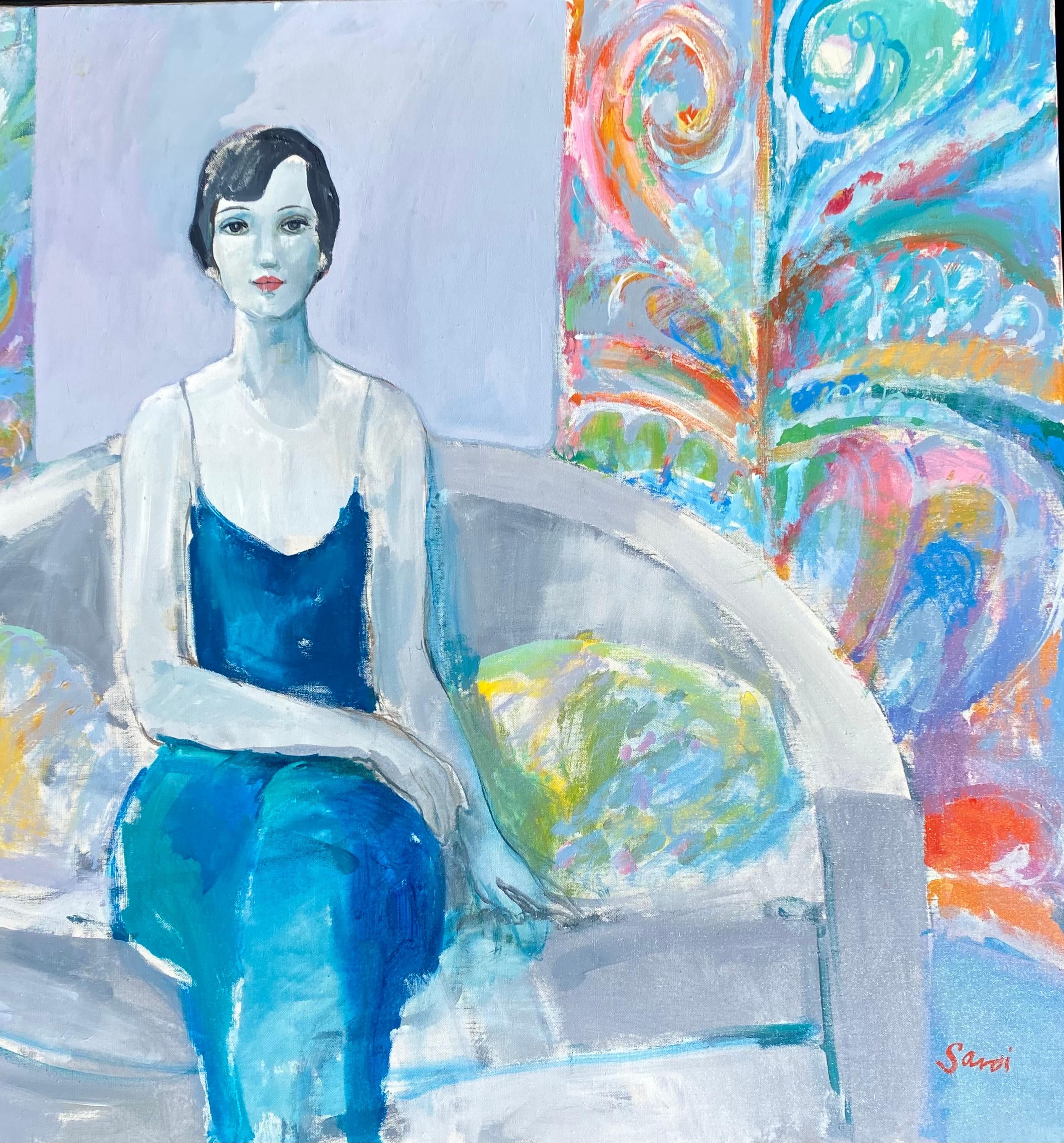 Elegant auf Couch (Blau), Figurative Painting, von Jean Sardi