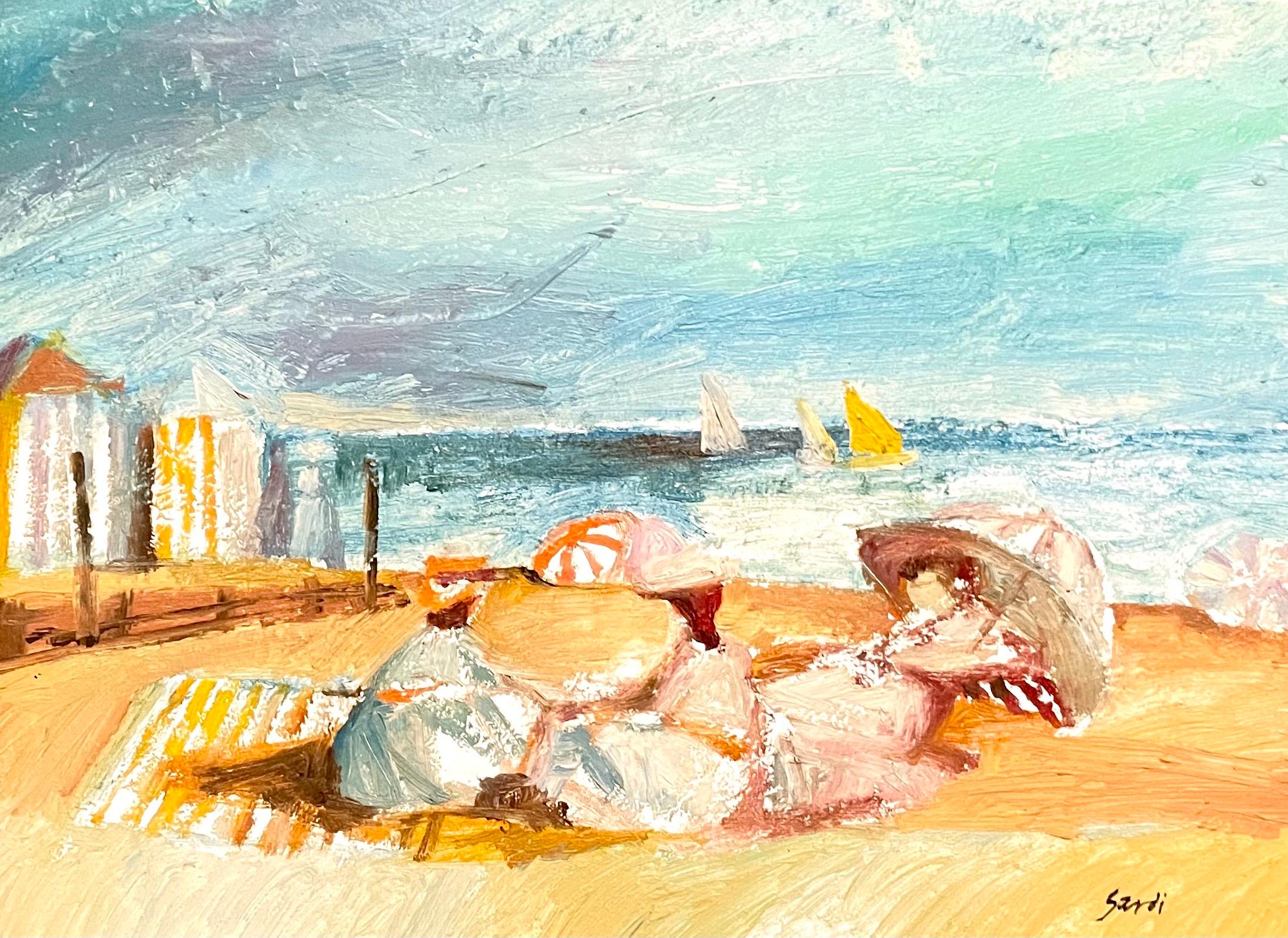 Ölgemälde „Schirmschirme“, Jean Sardi, postimpressionistische Strandszene, Fauvistisch im Angebot 1