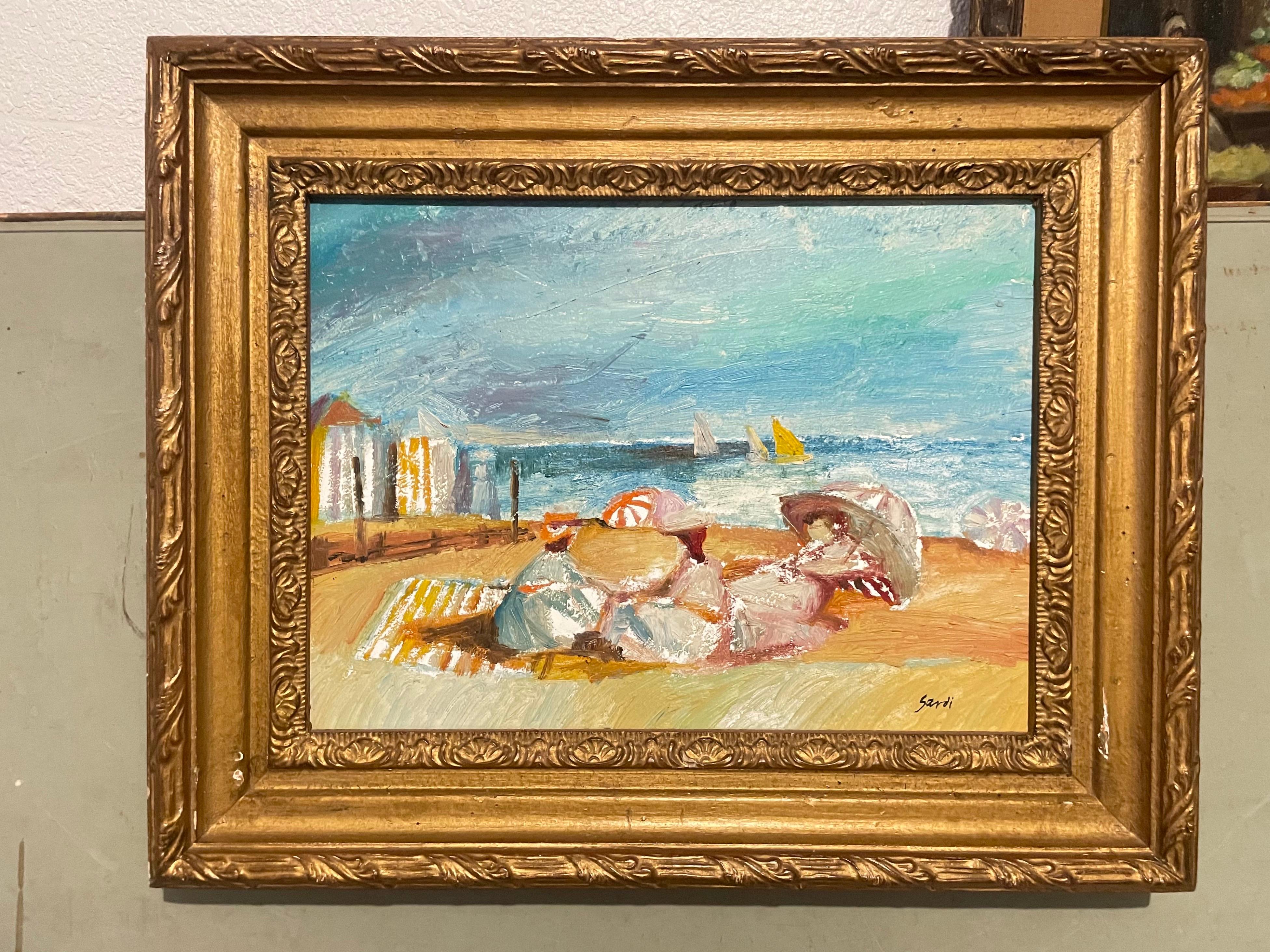 Ölgemälde „Schirmschirme“, Jean Sardi, postimpressionistische Strandszene, Fauvistisch im Angebot 3