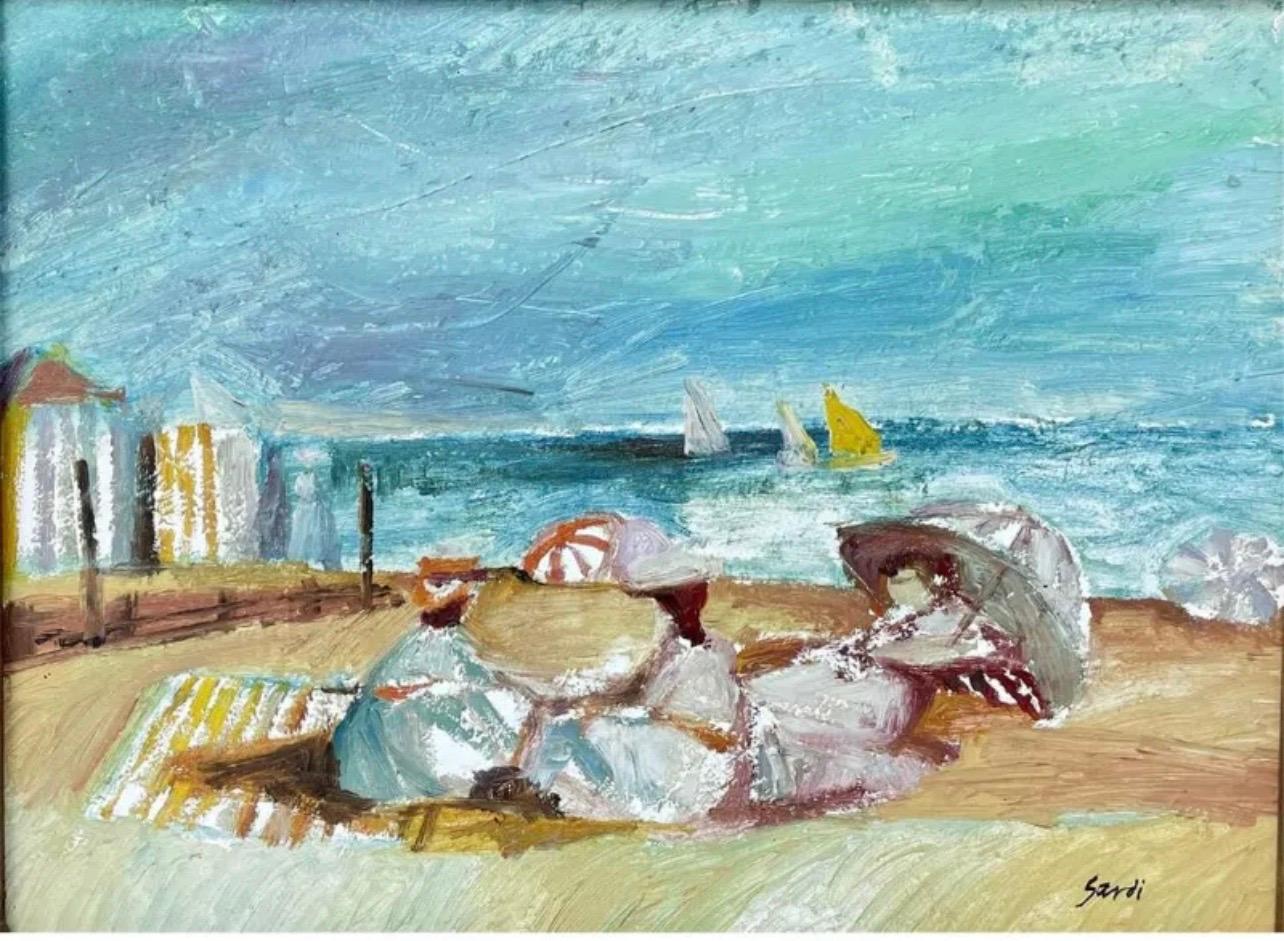 French Fauvist Post Impressionist Beach Scene, Umbrellas Jean Sardi Oil Painting For Sale 3