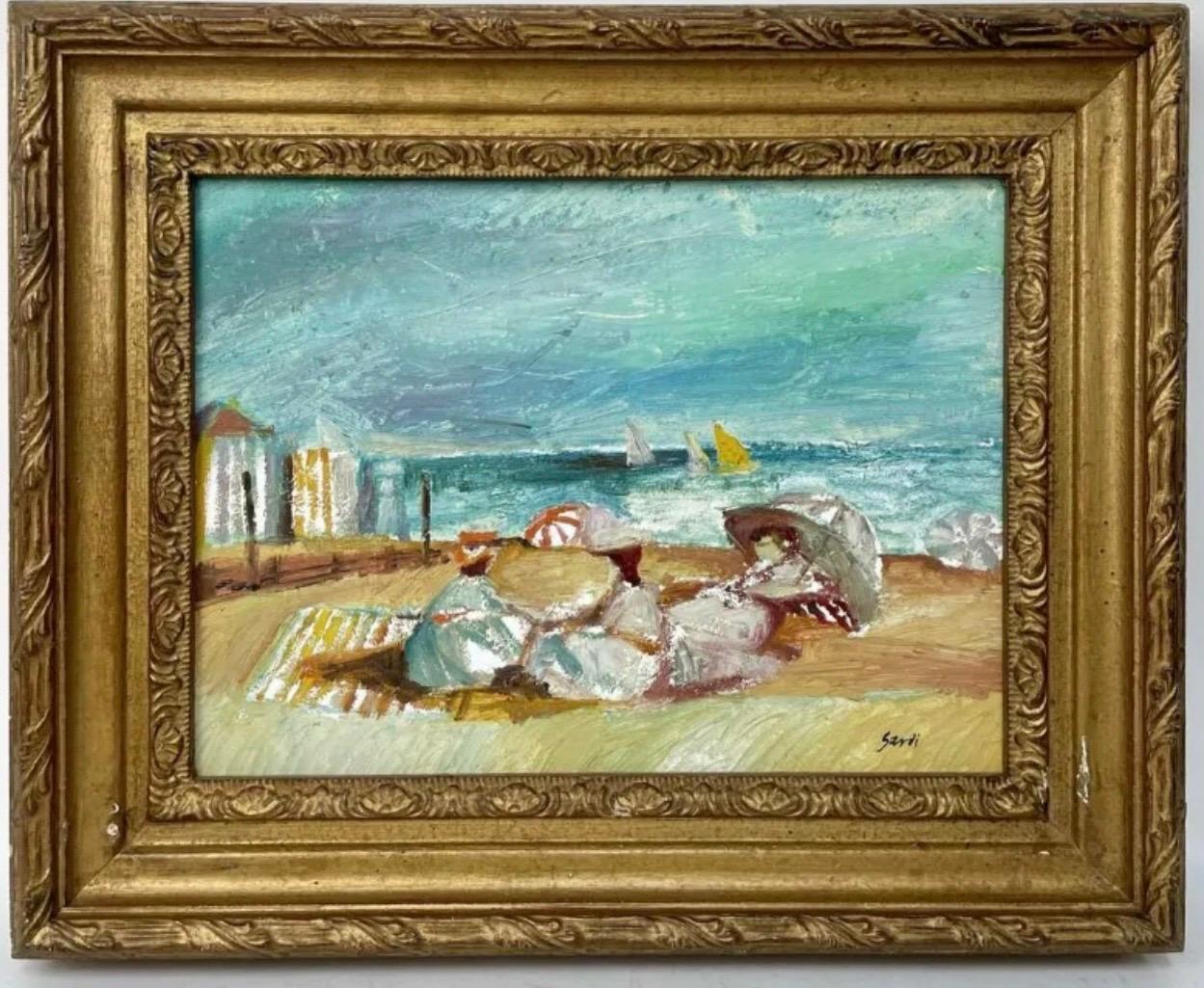 French Fauvist Post Impressionist Beach Scene, Umbrellas Jean Sardi Oil Painting For Sale 4