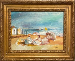 French Fauvist Post Impressionist Beach Scene, Umbrellas Jean Sardi Oil Painting