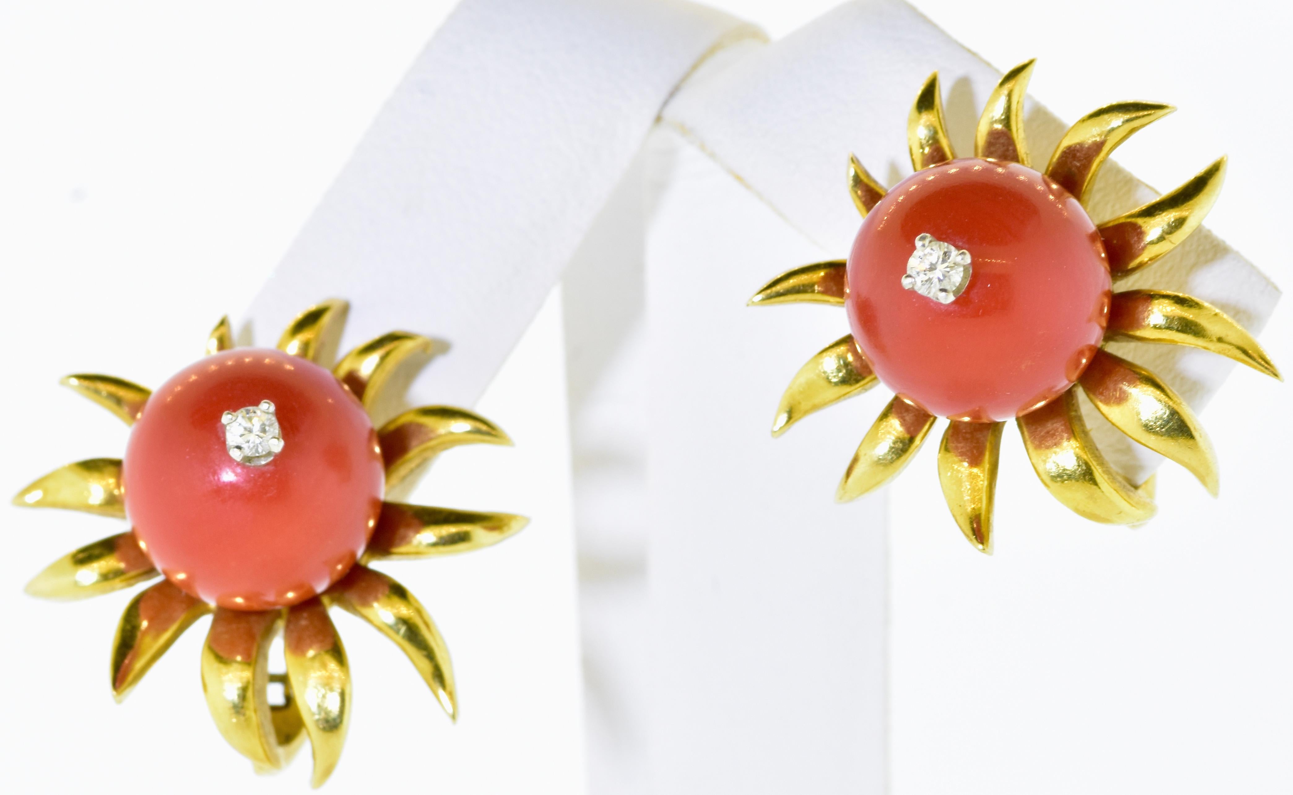 Jean Schlumberger for Tiffany & Co.  18K, diamond and deep red coral earrings. These vintage earrings are an unusual design, with wonderful stones, by an important American designer, and should not to be confused with mass produced jewelry made in