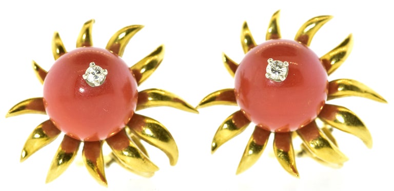 Contemporary Jean Schlumberger 18K Gold, Diamond and Coral unusual Earrings, circa 1960. For Sale