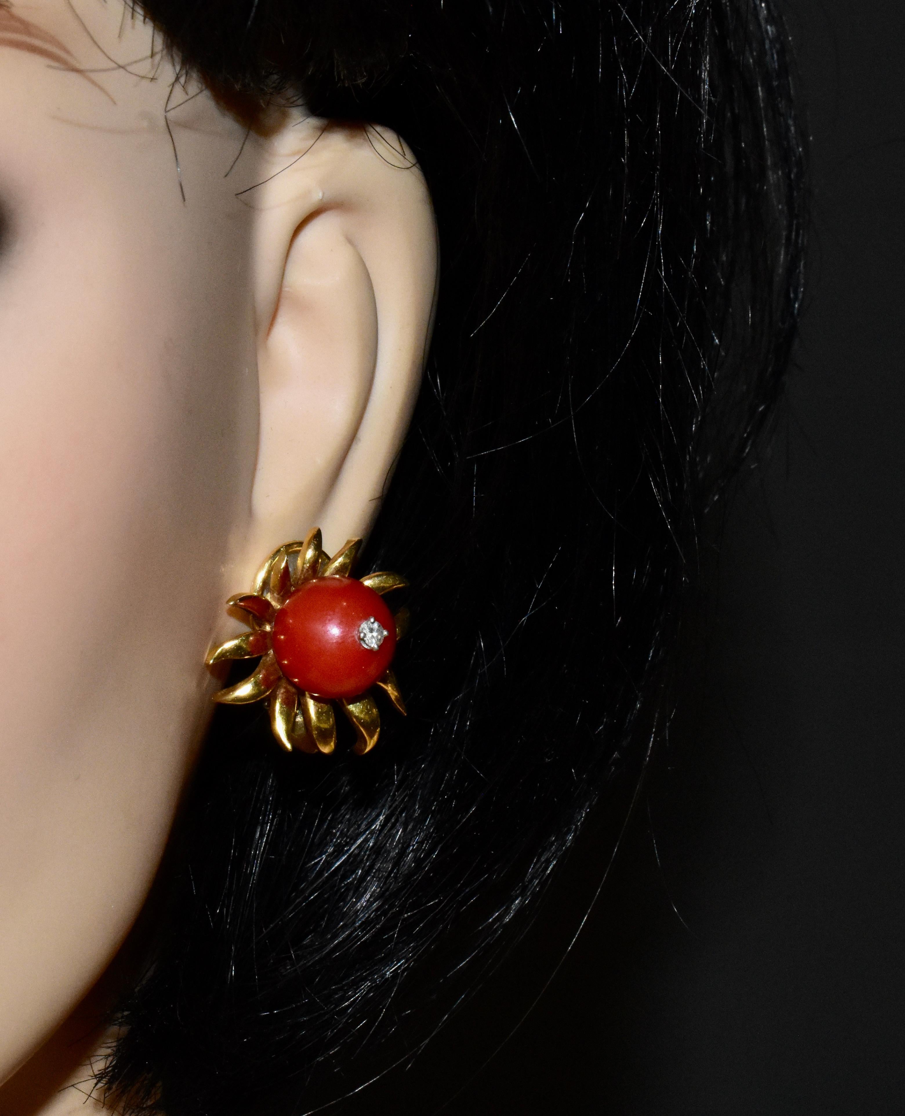 Jean Schlumberger 18K Gold, Diamond and Coral unusual Earrings, circa 1960. 2