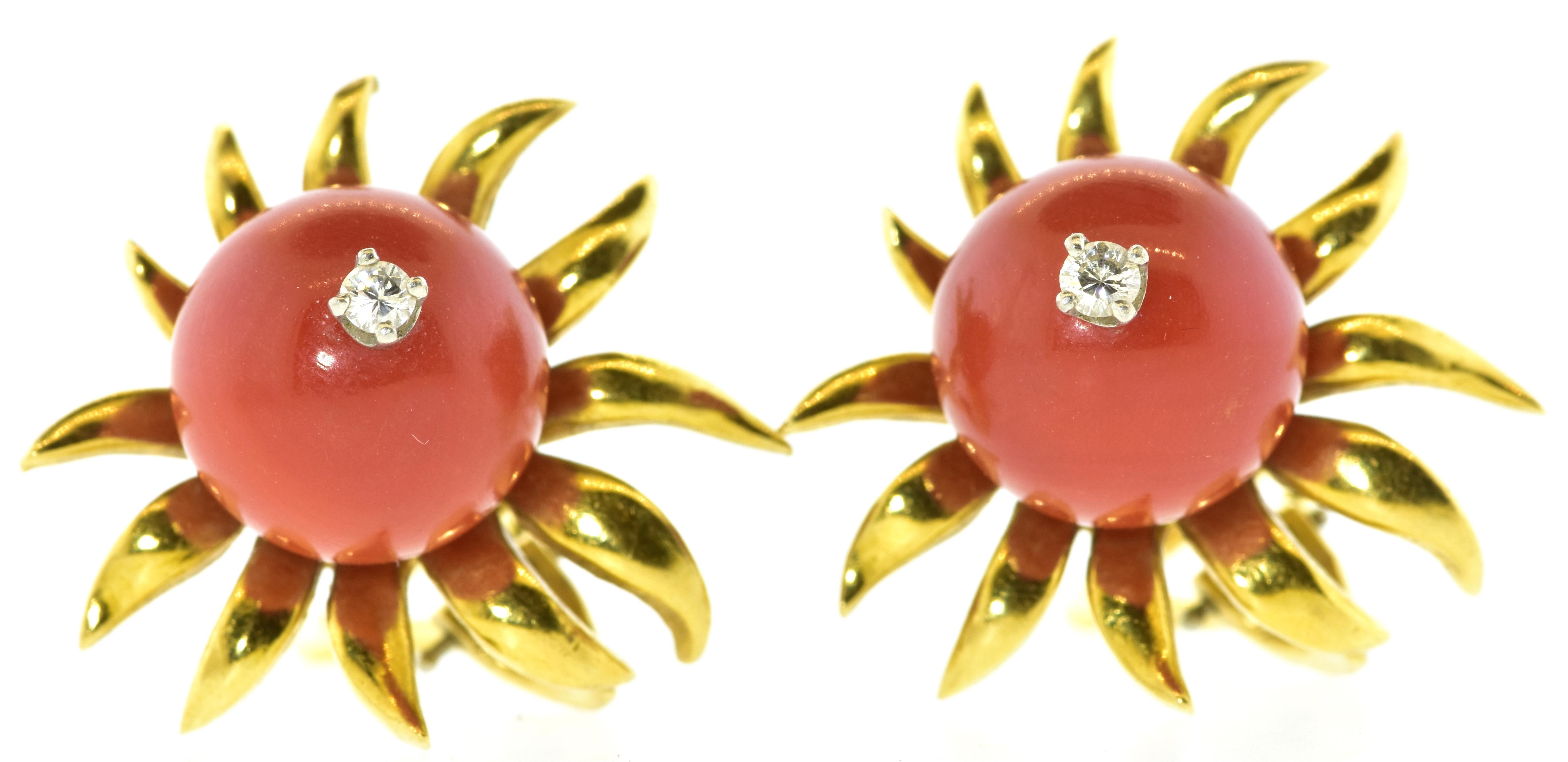 Brilliant Cut Jean Schlumberger 18K Gold, Diamond and Coral unusual Earrings, circa 1960.