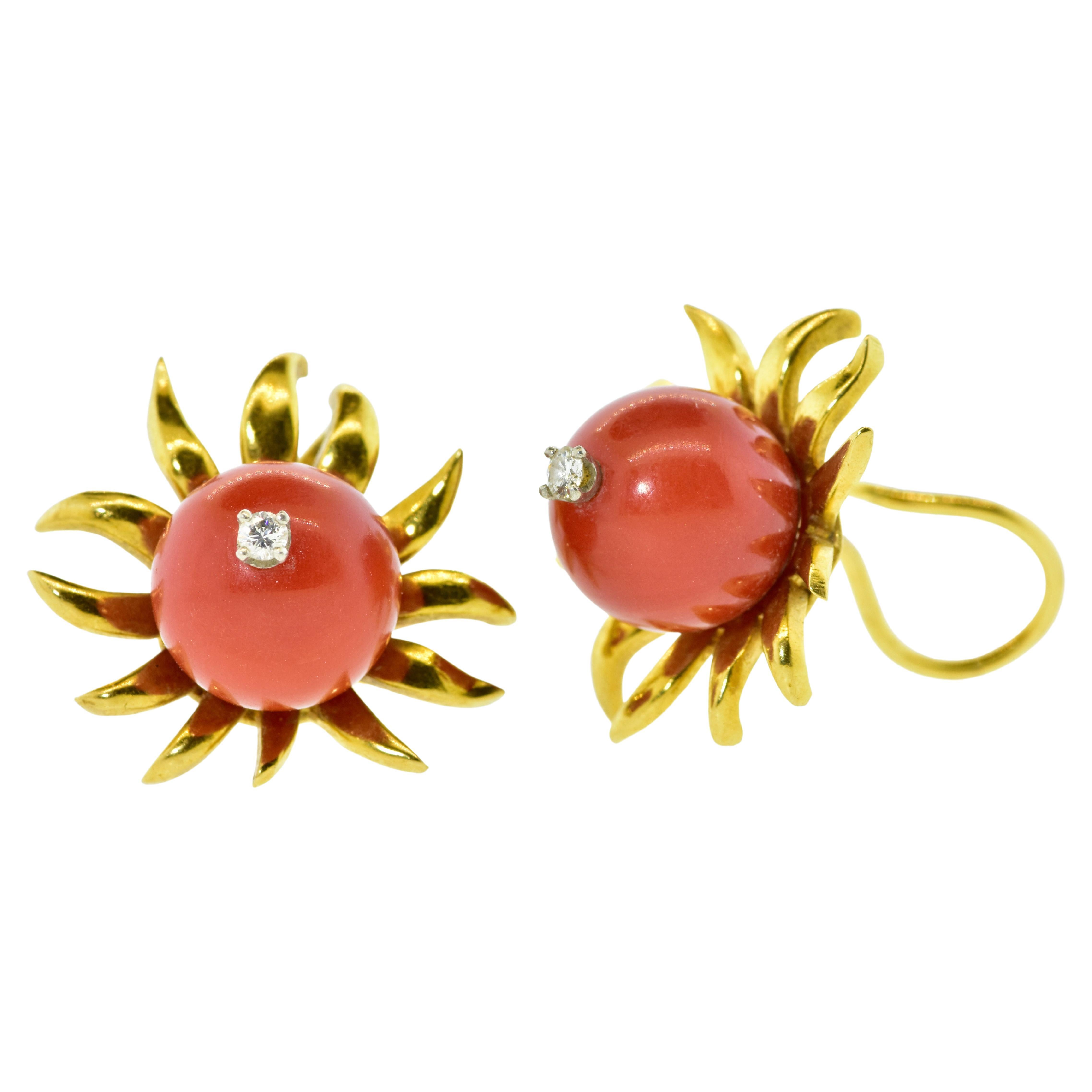 Jean Schlumberger 18K Gold, Diamond and Coral unusual Earrings, circa 1960.